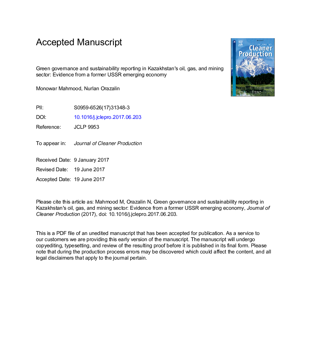 Green governance and sustainability reporting in Kazakhstan's oil, gas, and mining sector: Evidence from a former USSR emerging economy