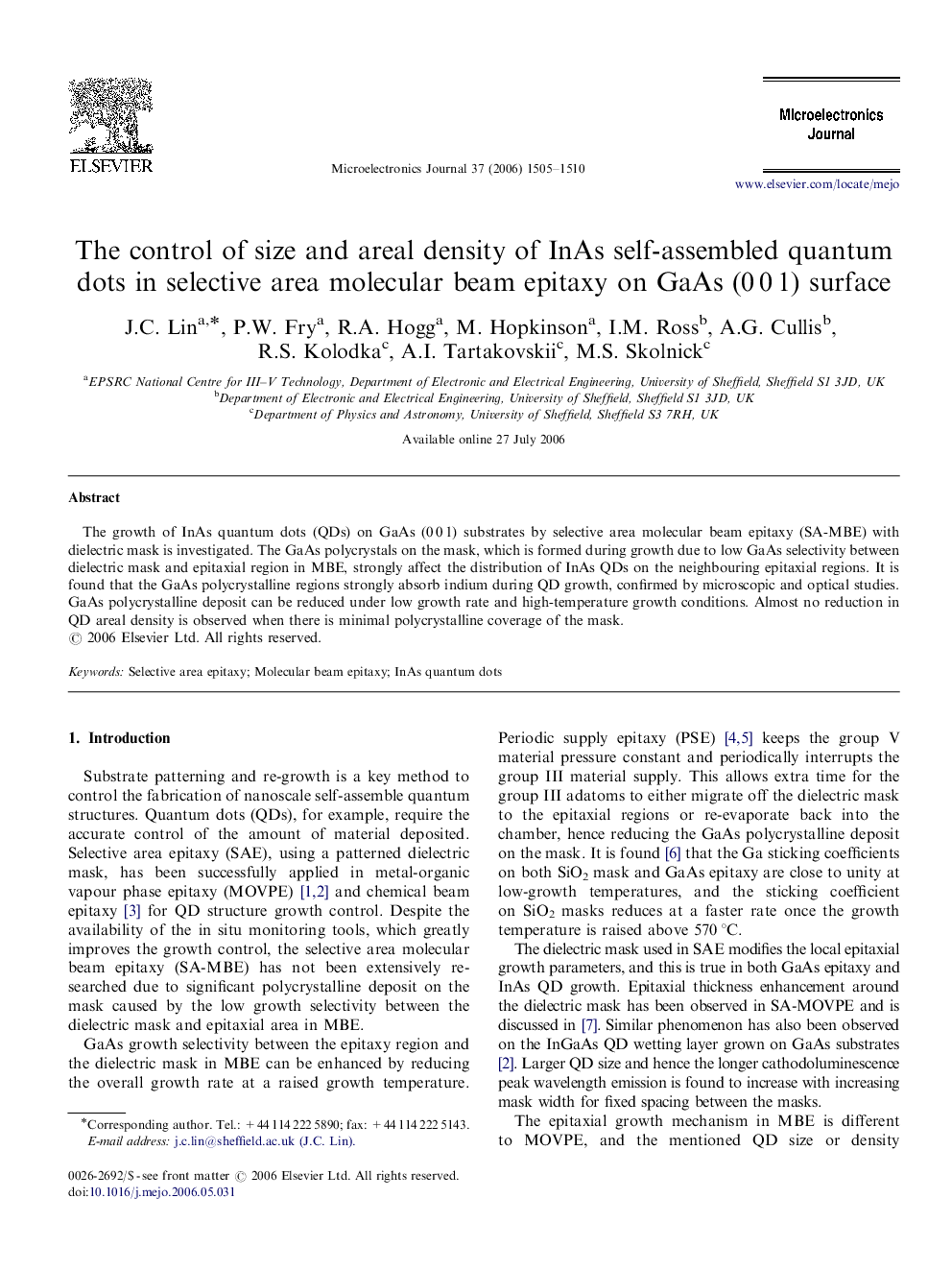 The control of size and areal density of InAs self-assembled quantum dots in selective area molecular beam epitaxy on GaAs (0Â 0Â 1) surface