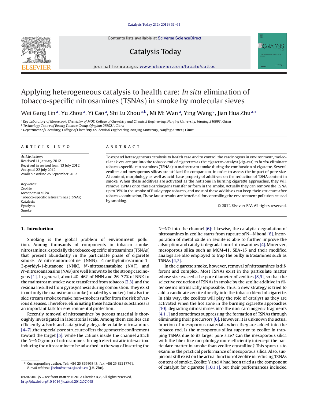 Applying heterogeneous catalysis to health care: In situ elimination of tobacco-specific nitrosamines (TSNAs) in smoke by molecular sieves