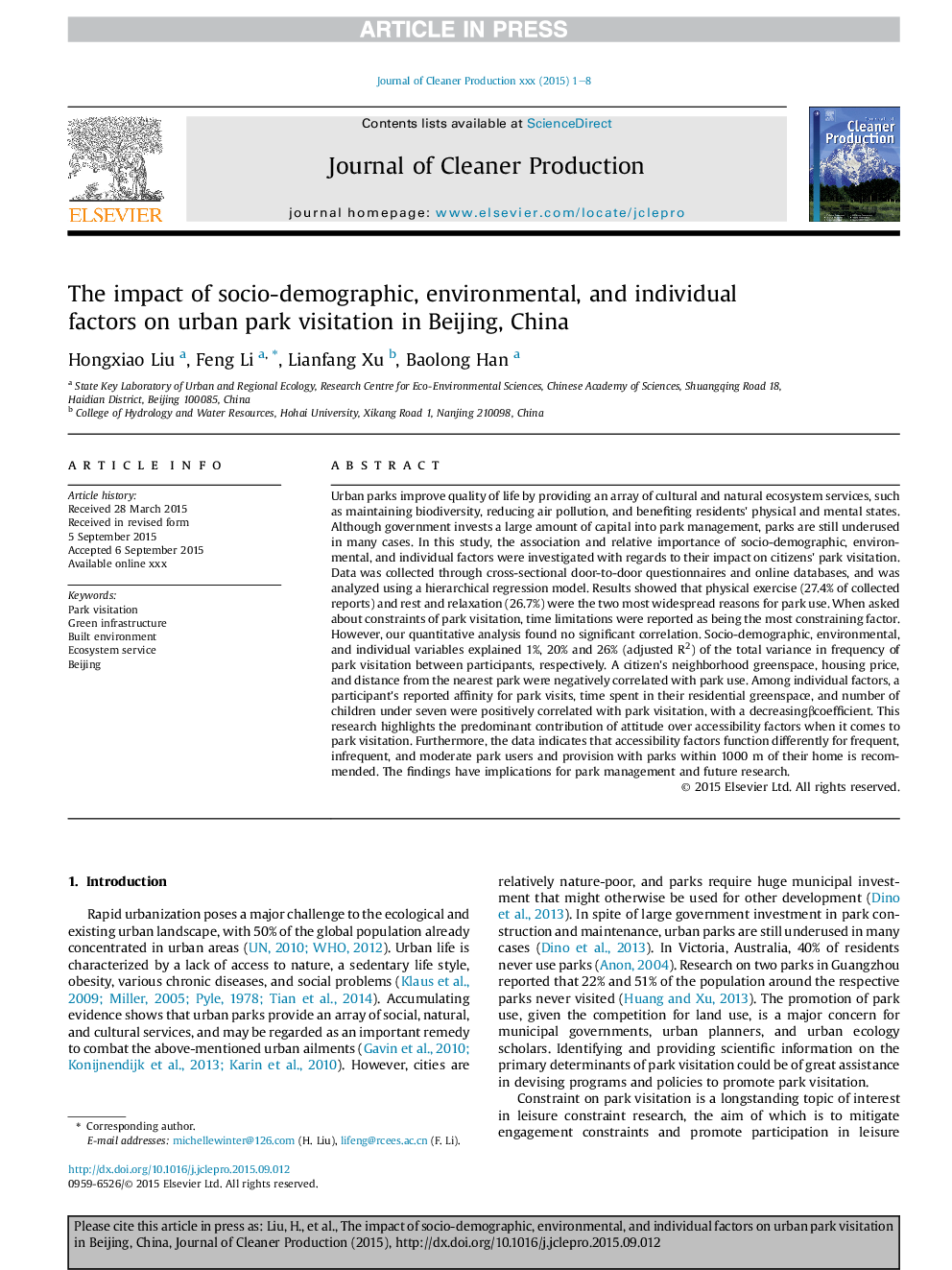 The impact of socio-demographic, environmental, and individual factors on urban park visitation in Beijing, China