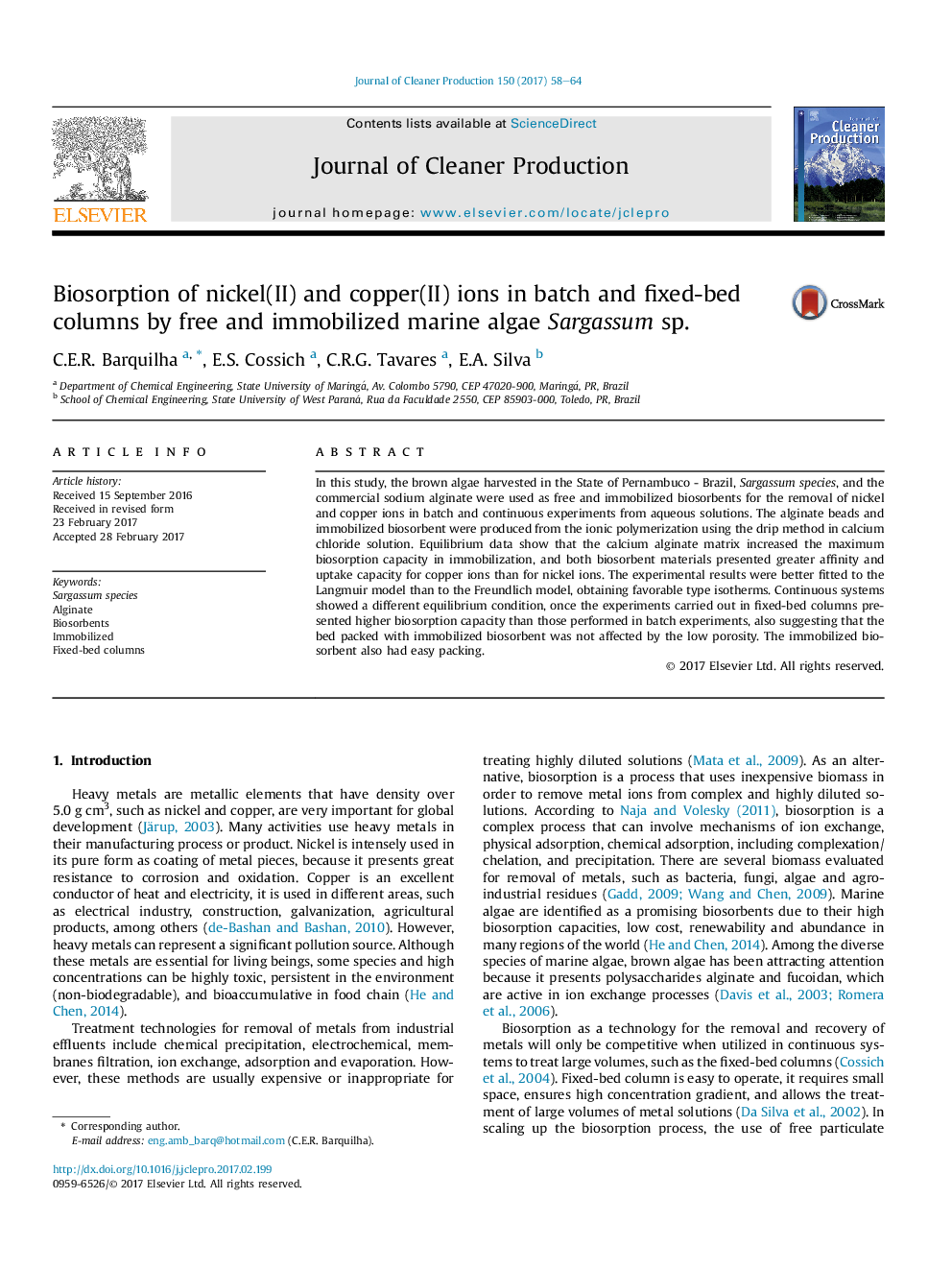 Biosorption of nickel(II) and copper(II) ions in batch and fixed-bed columns by free and immobilized marine algae Sargassum sp.