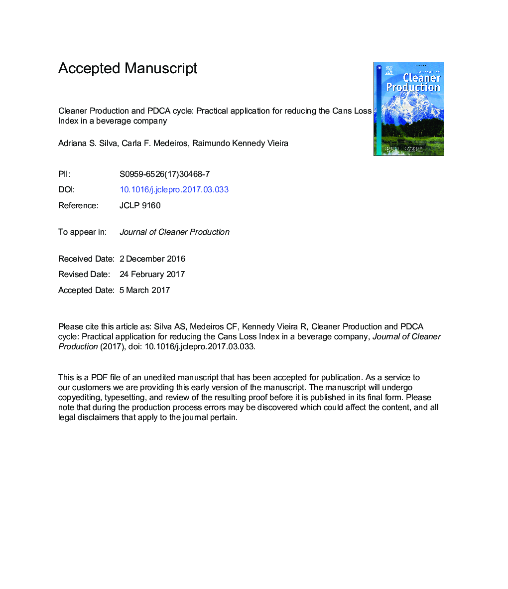 عکس صفحه اول مقاله: Cleaner Production and PDCA cycle: Practical application for reducing the Cans Loss Index in a beverage company Cleaner Production and PDCA cycle: Practical application for reducing the Cans Loss Index in a beverage company