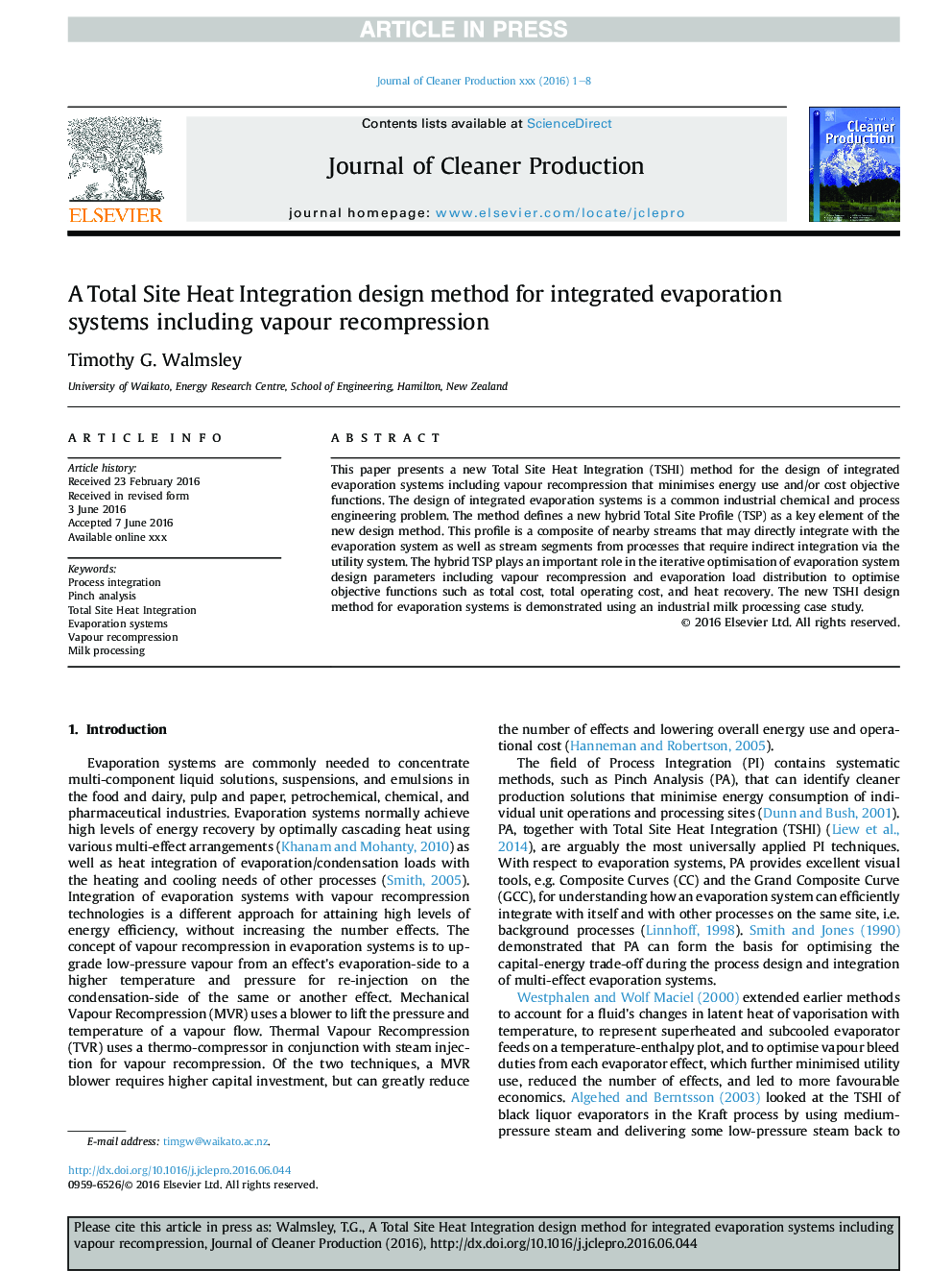 A Total Site Heat Integration design method for integrated evaporation systems including vapour recompression