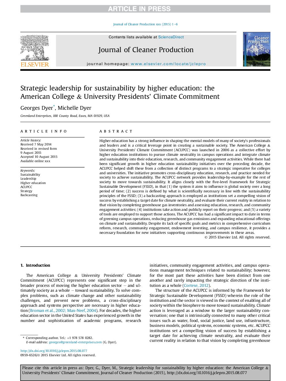 Strategic leadership for sustainability by higher education: the American College & University Presidents' Climate Commitment