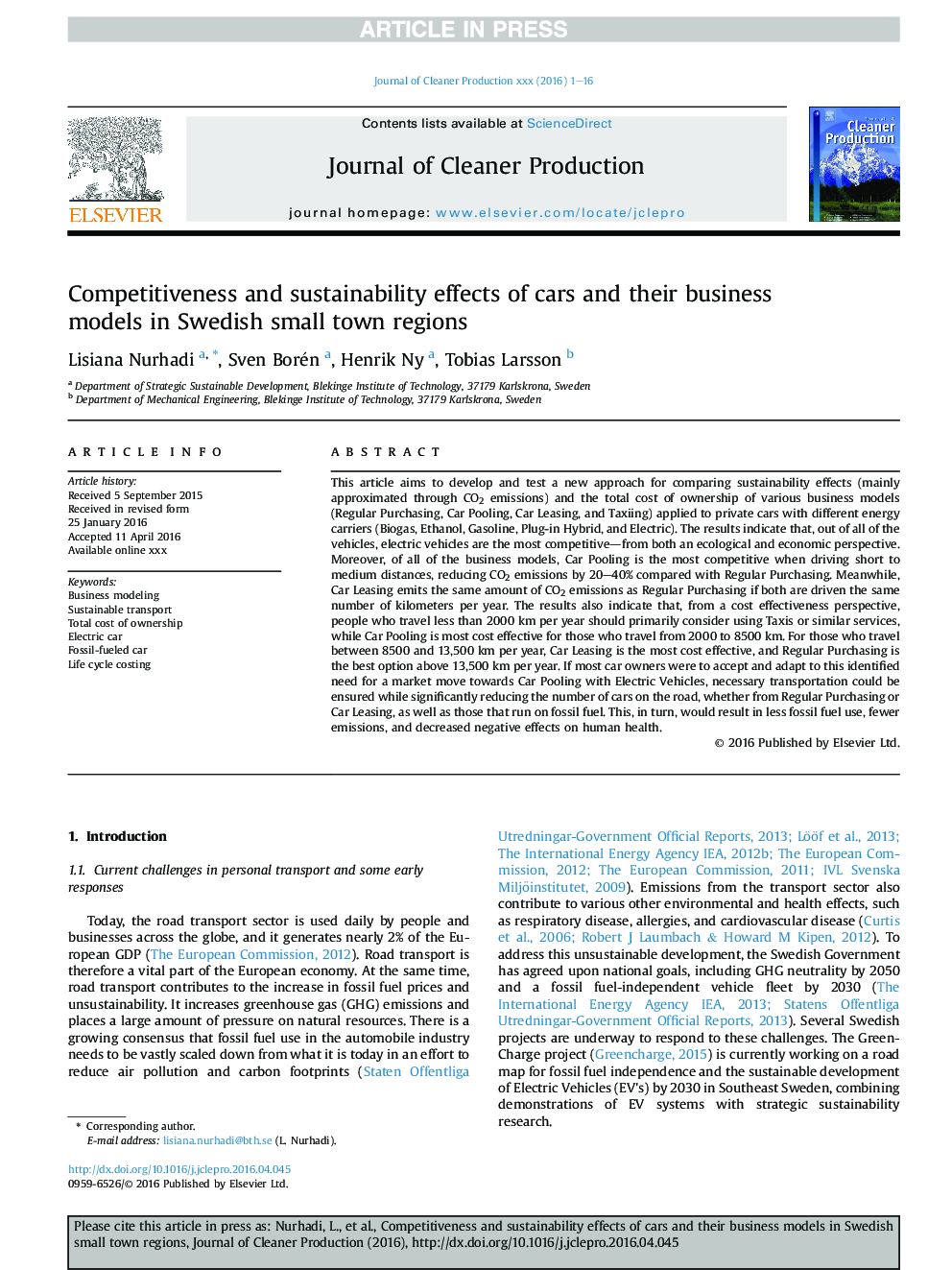 Competitiveness and sustainability effects of cars and their business models in Swedish small town regions