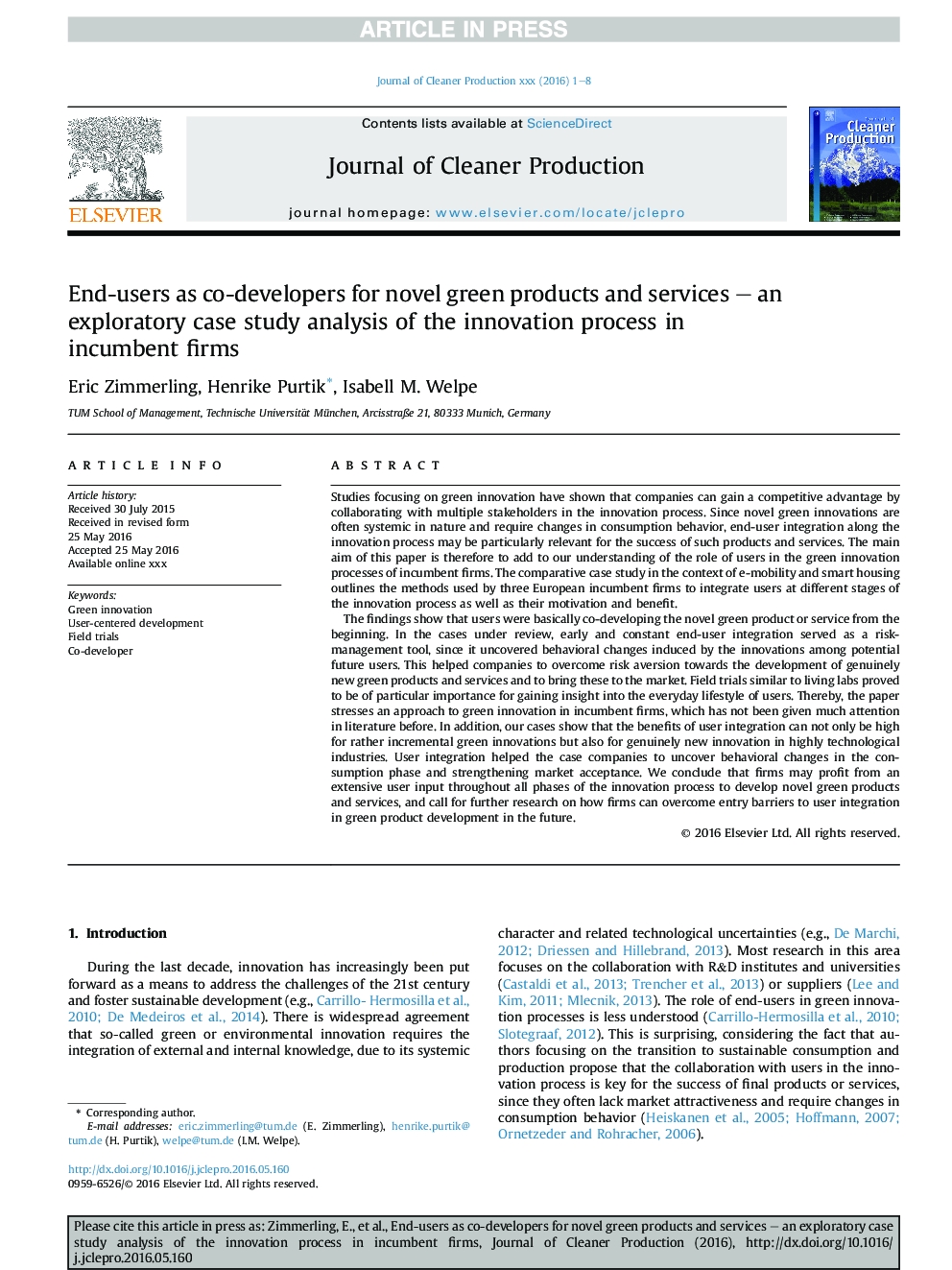 End-users as co-developers for novel green products and services - an exploratory case study analysis of the innovation process in incumbent firms