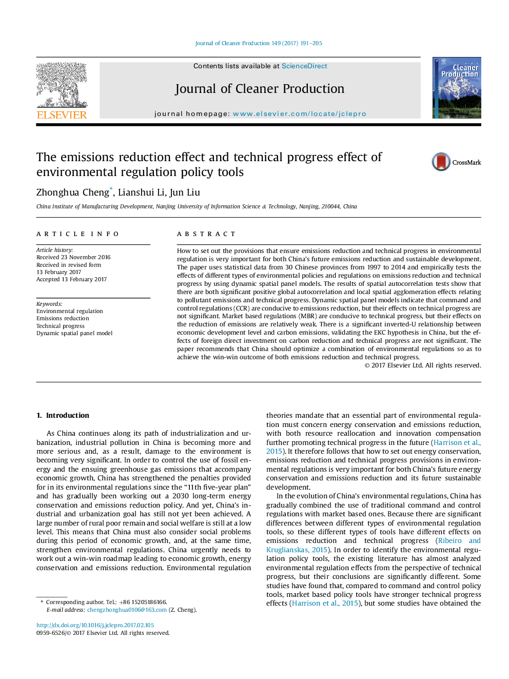 The emissions reduction effect and technical progress effect of environmental regulation policy tools