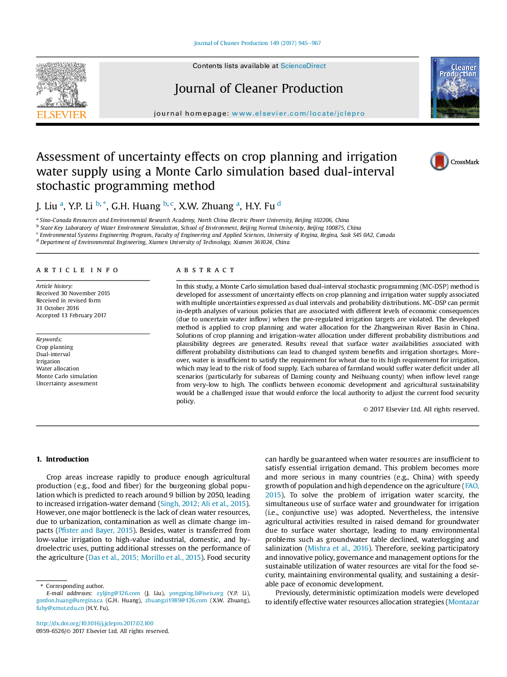 Assessment of uncertainty effects on crop planning and irrigation water supply using a Monte Carlo simulation based dual-interval stochastic programming method