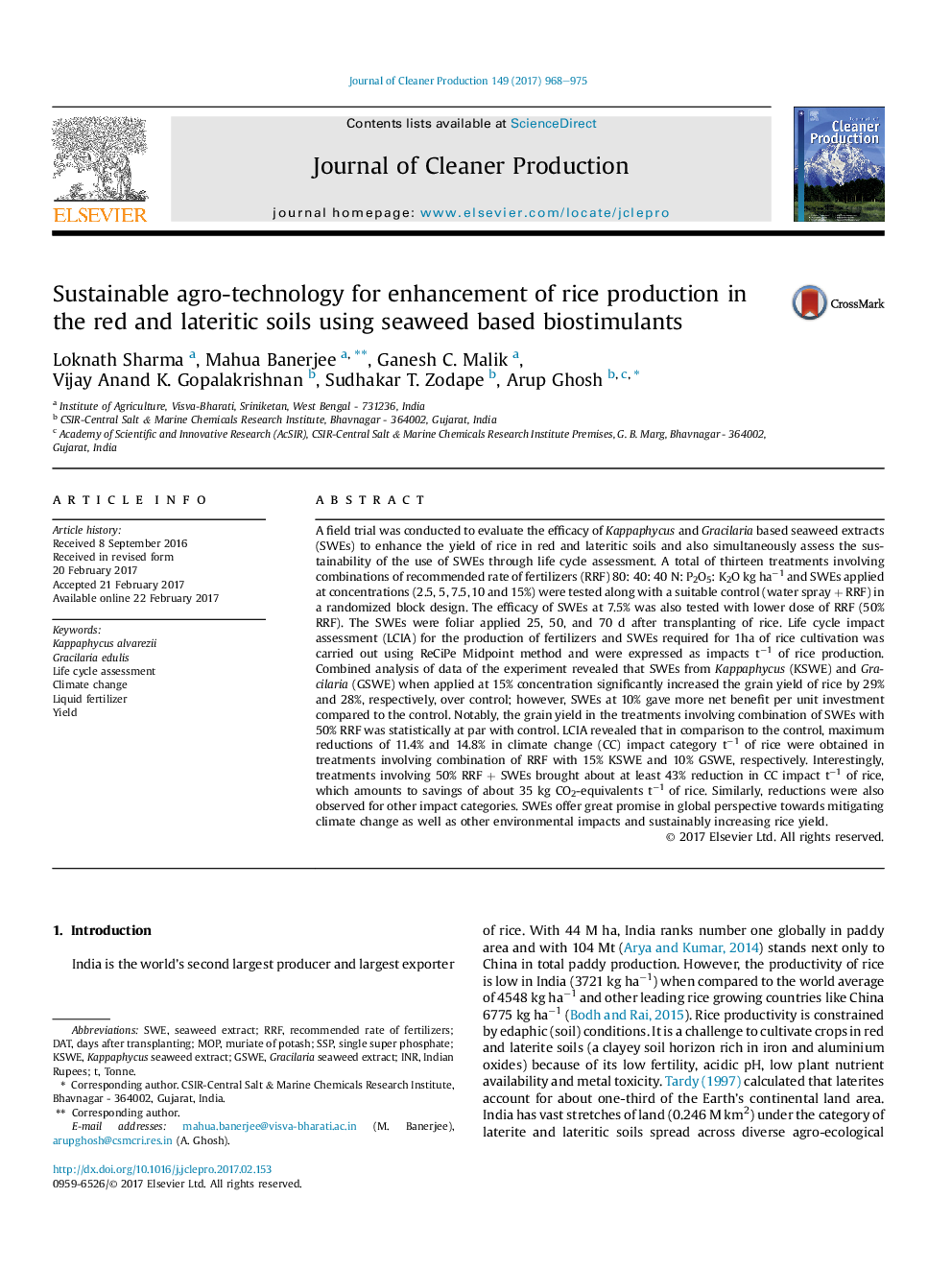 Sustainable agro-technology for enhancement of rice production in the red and lateritic soils using seaweed based biostimulants