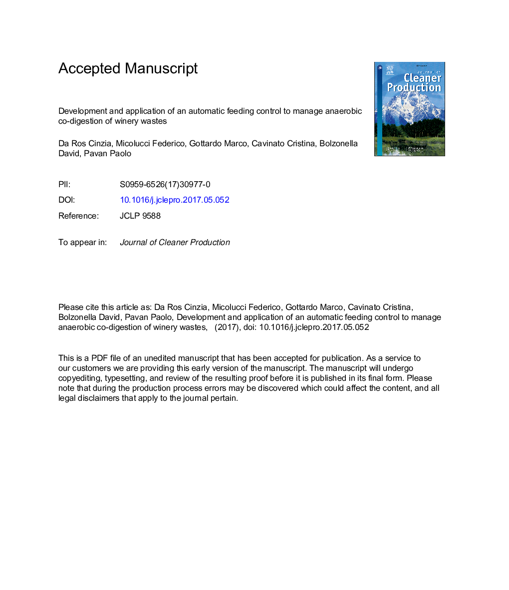 Development and application of an automatic feeding control to manage anaerobic co-digestion of winery wastes