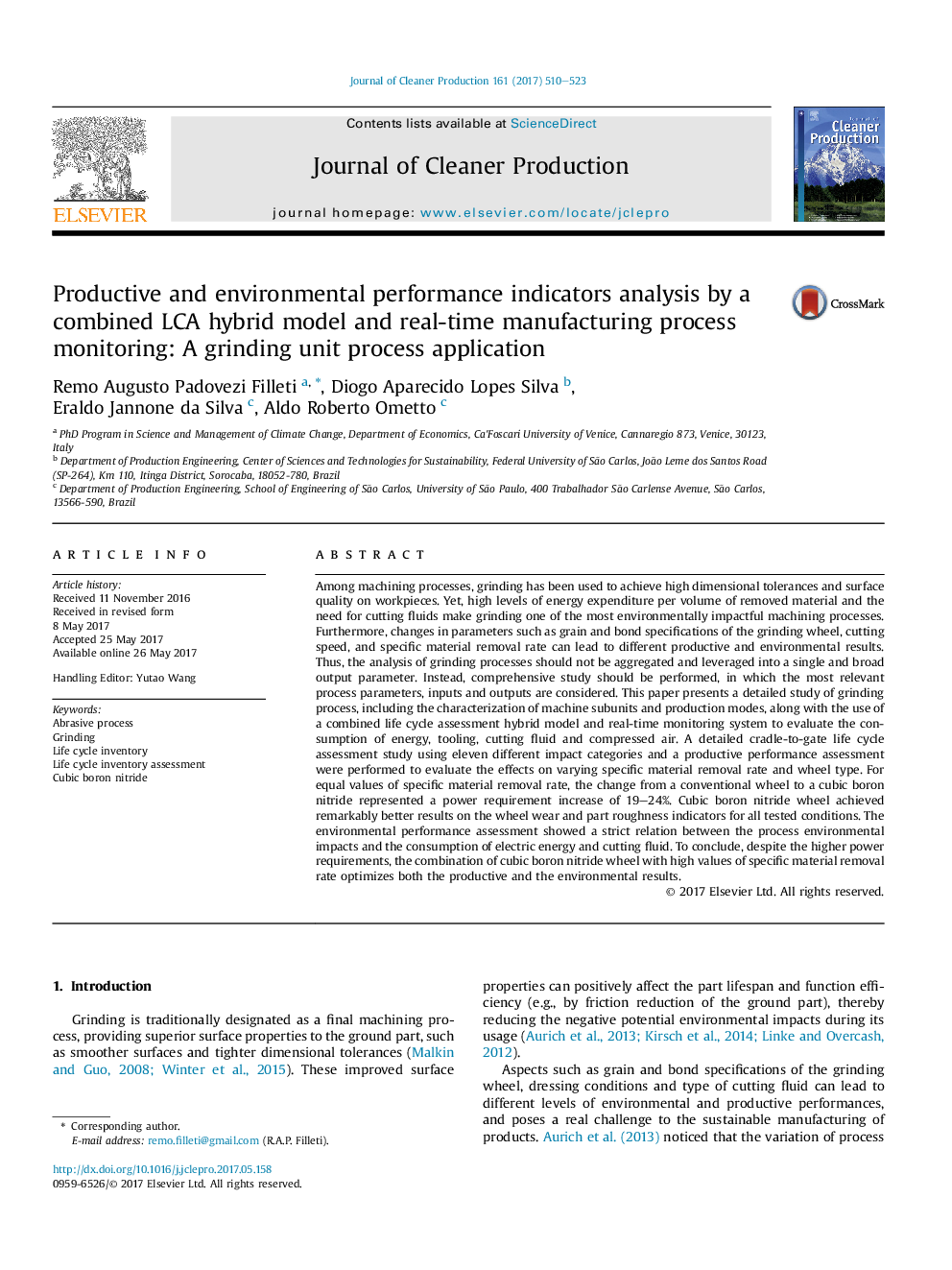 Productive and environmental performance indicators analysis by a combined LCA hybrid model and real-time manufacturing process monitoring: A grinding unit process application