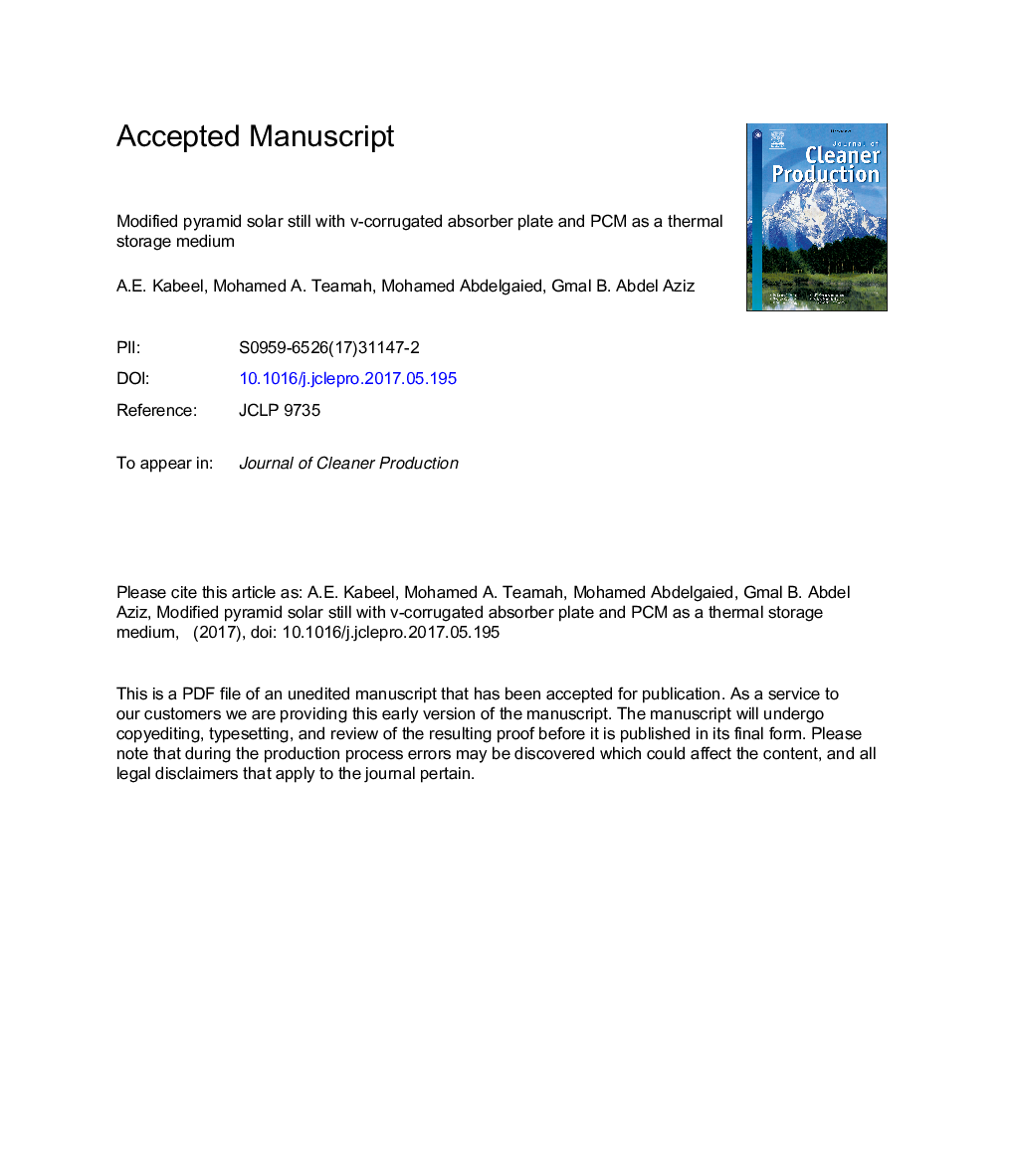 Modified pyramid solar still with v-corrugated absorber plate and PCM as a thermal storage medium