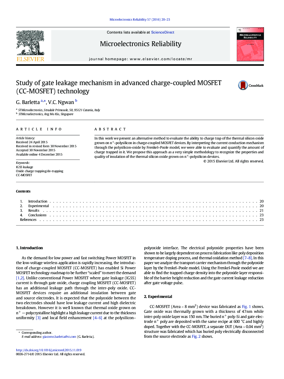 Study of gate leakage mechanism in advanced charge-coupled MOSFET (CC-MOSFET) technology