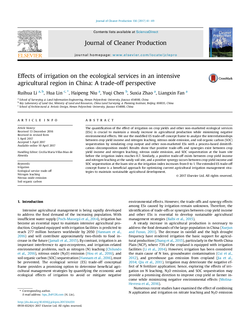 Effects of irrigation on the ecological services in an intensive agricultural region in China: A trade-off perspective