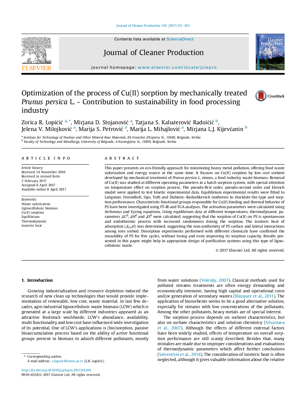 Optimization of the process of Cu(II) sorption by mechanically treated Prunus persica L. - Contribution to sustainability in food processing industry