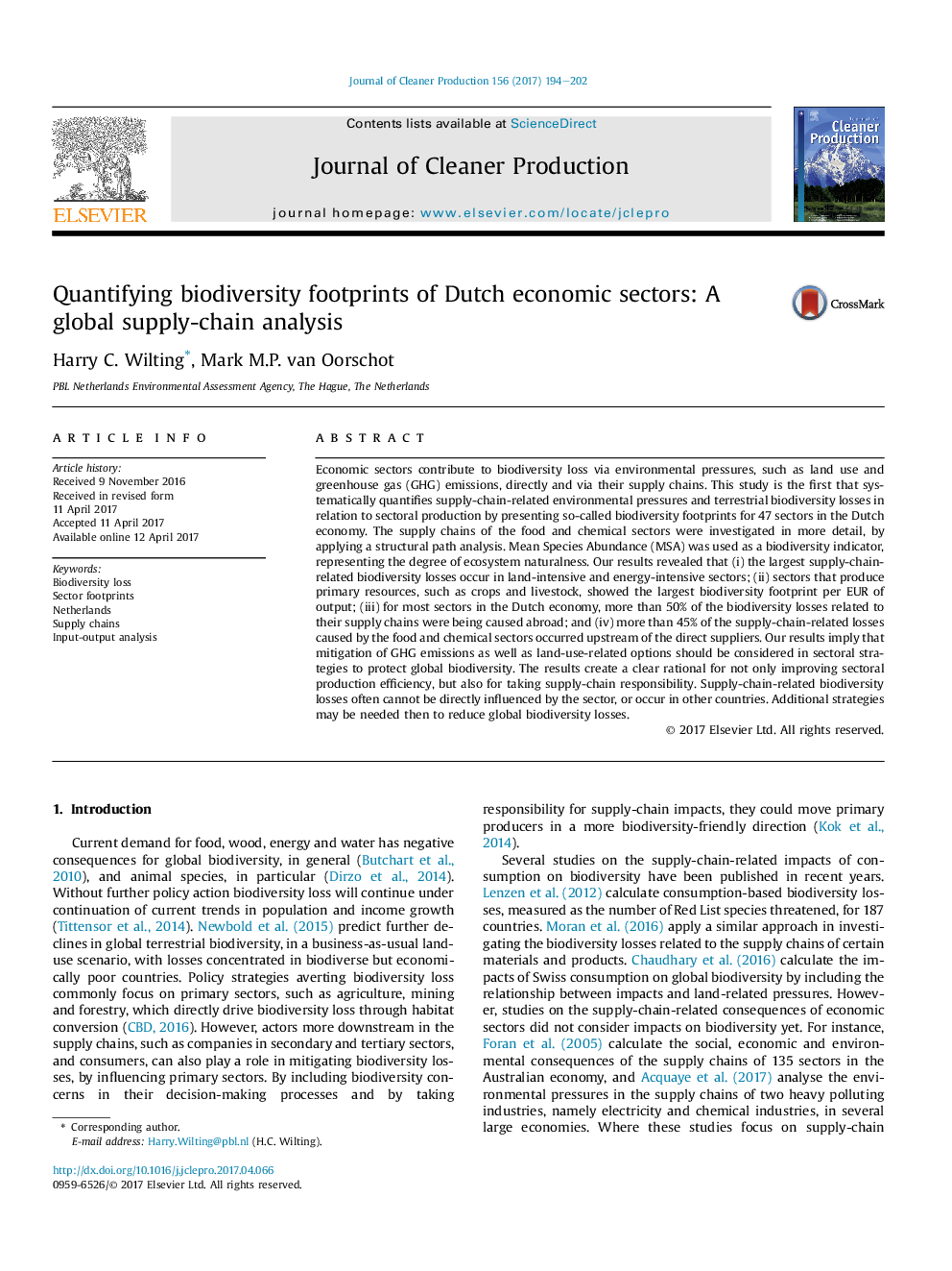 Quantifying biodiversity footprints of Dutch economic sectors: A global supply-chain analysis