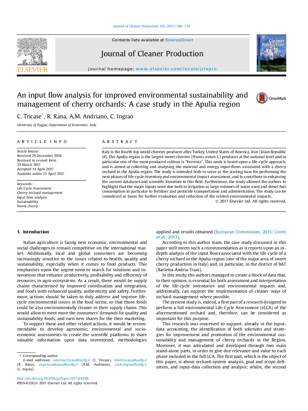 An input flow analysis for improved environmental sustainability and management of cherry orchards: A case study in the Apulia region