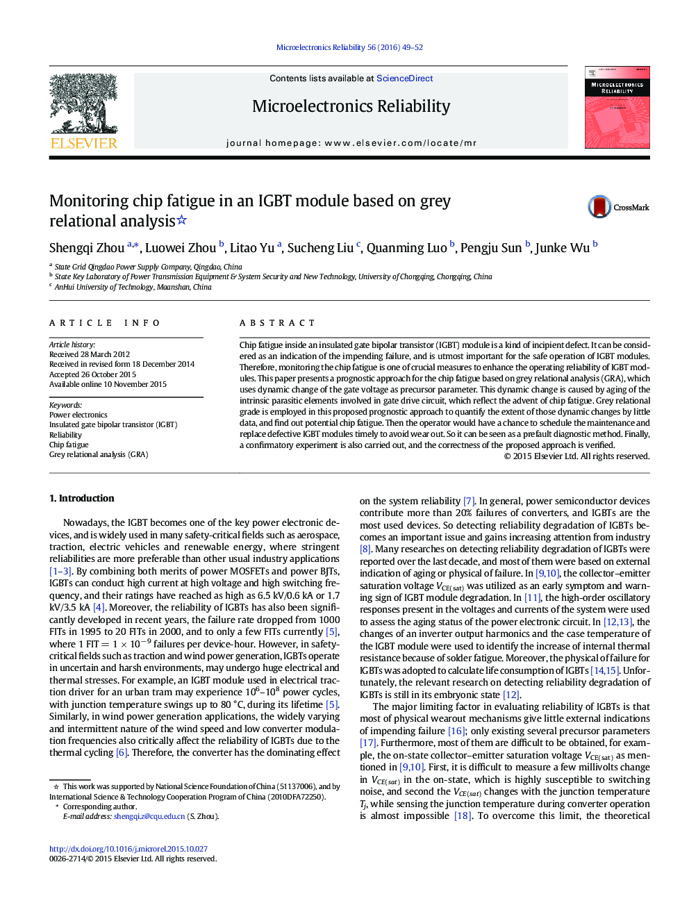 Monitoring chip fatigue in an IGBT module based on grey relational analysis 