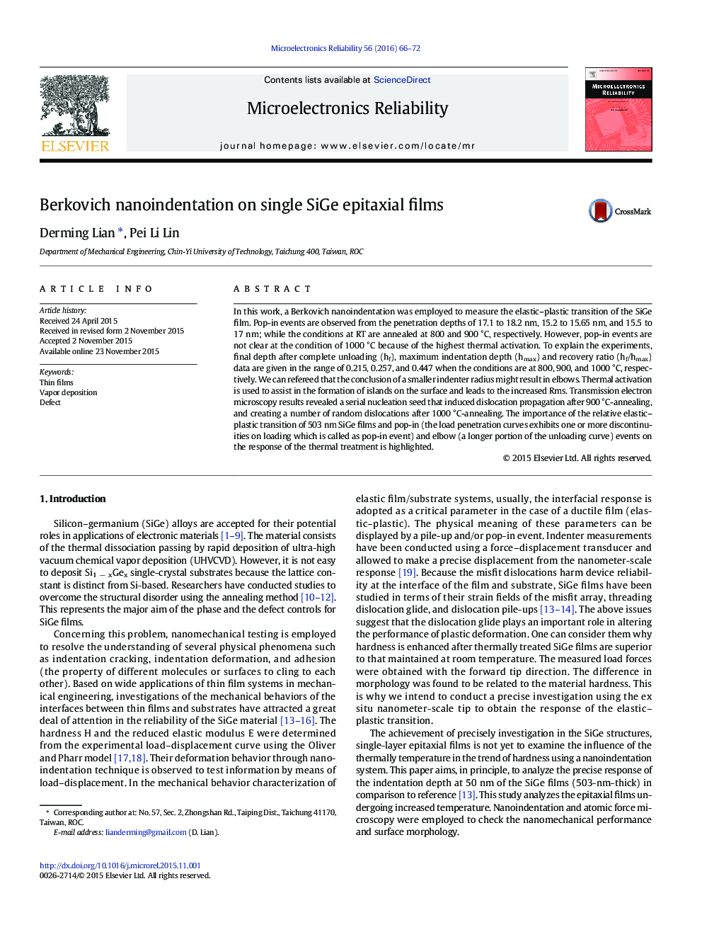 Berkovich nanoindentation on single SiGe epitaxial films