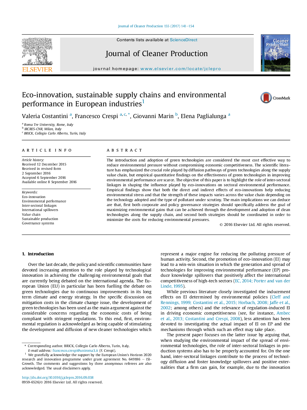 Eco-innovation, sustainable supply chains and environmental performance in European industries1