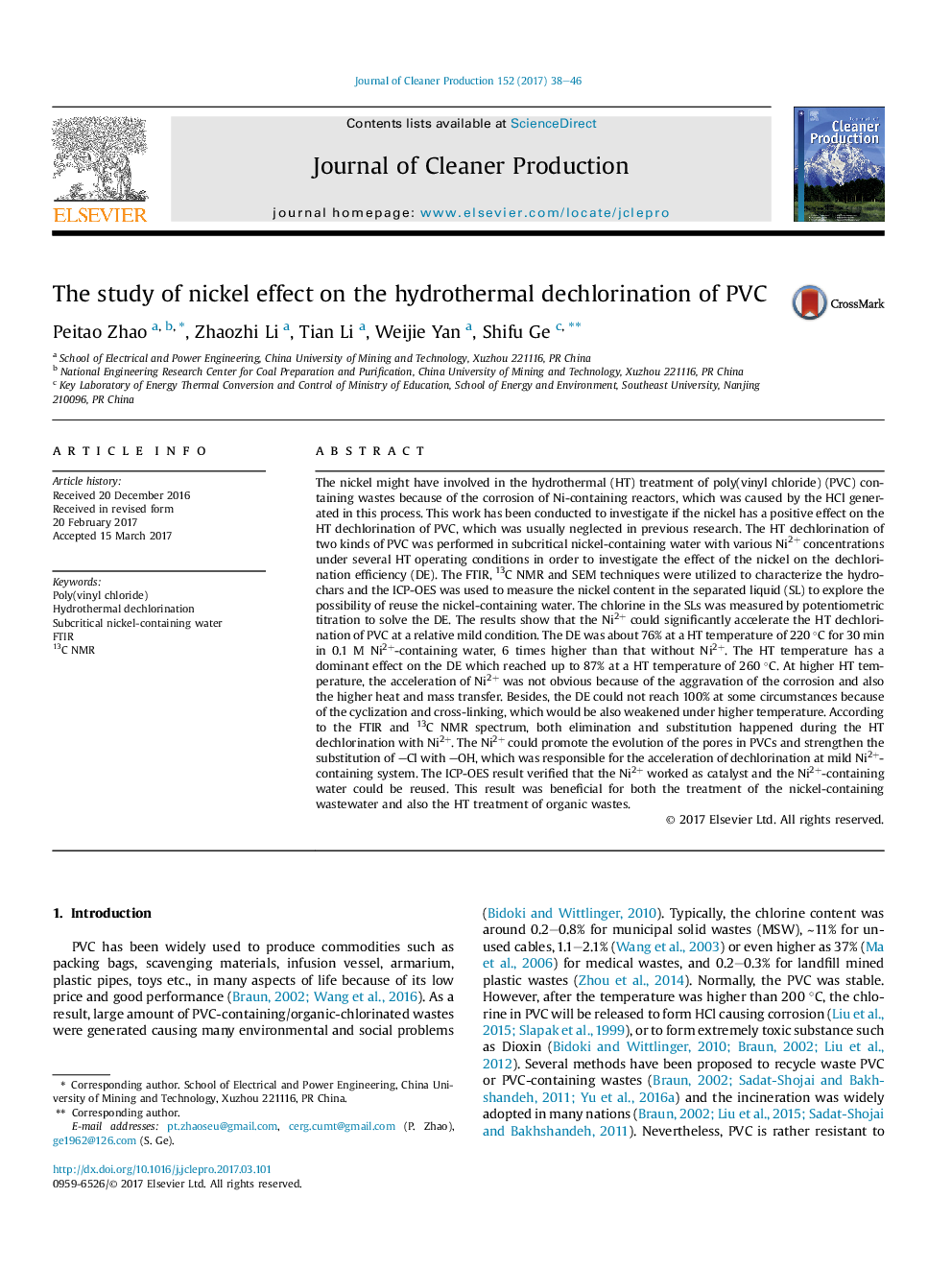 عکس صفحه اول مقاله: The study of nickel effect on the hydrothermal dechlorination of PVC The study of nickel effect on the hydrothermal dechlorination of PVC