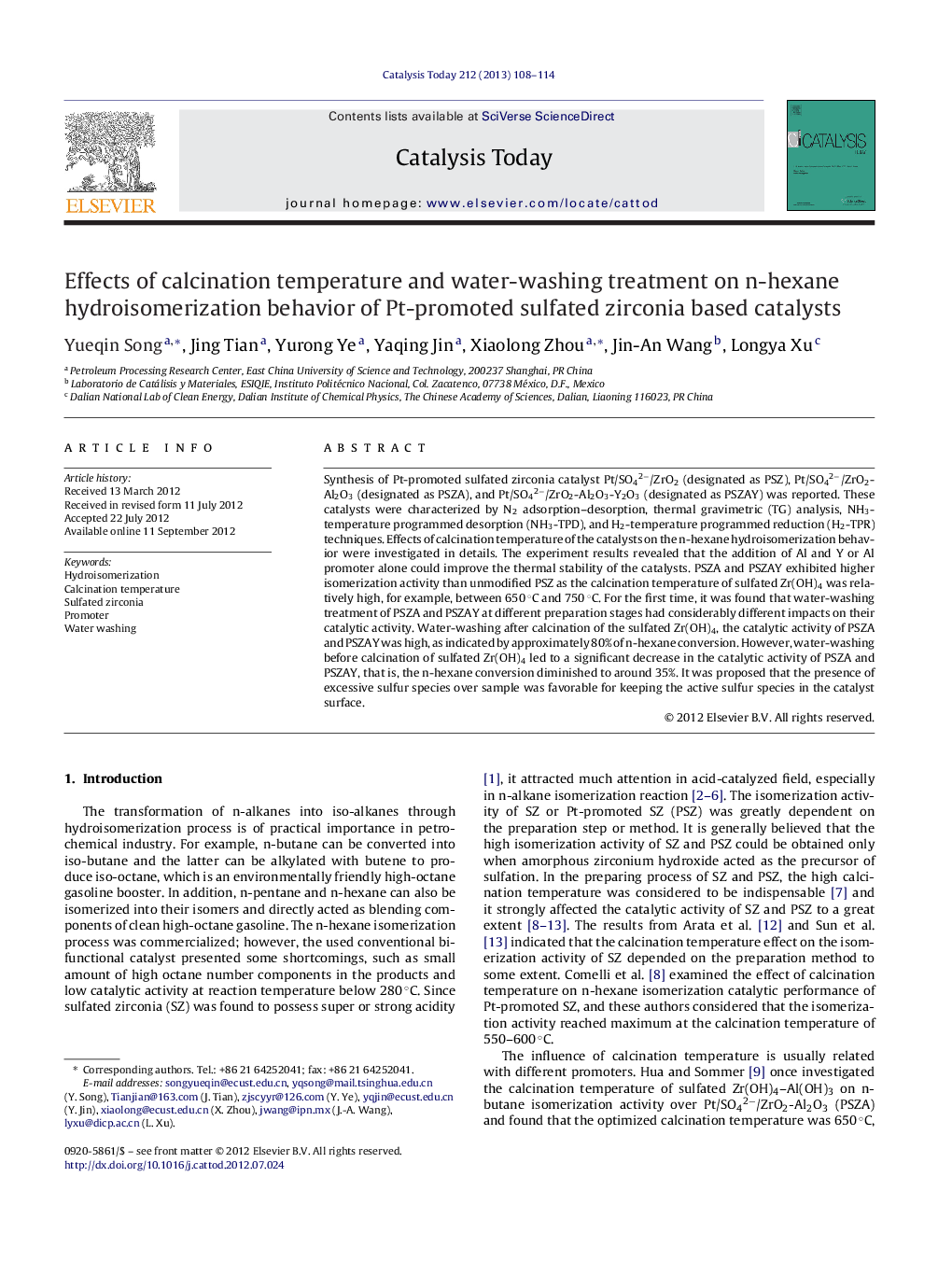 Effects of calcination temperature and water-washing treatment on n-hexane hydroisomerization behavior of Pt-promoted sulfated zirconia based catalysts