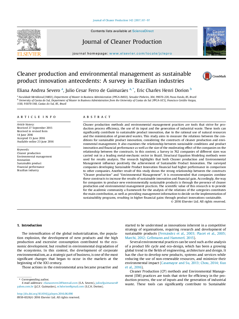 Cleaner production and environmental management as sustainable product innovation antecedents: A survey in Brazilian industries