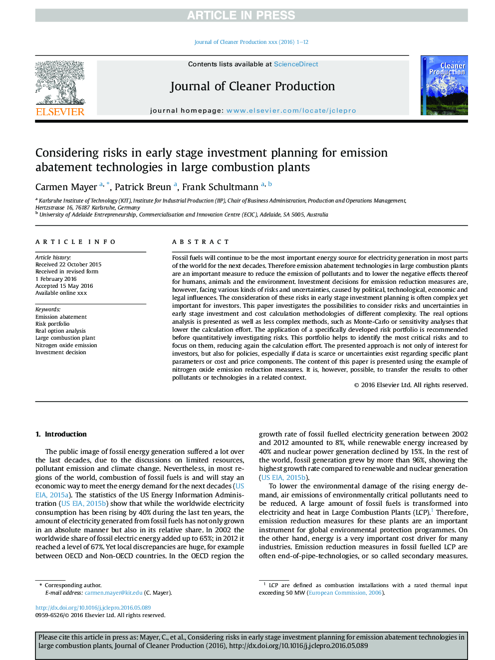 Considering risks in early stage investment planning for emission abatement technologies in large combustion plants