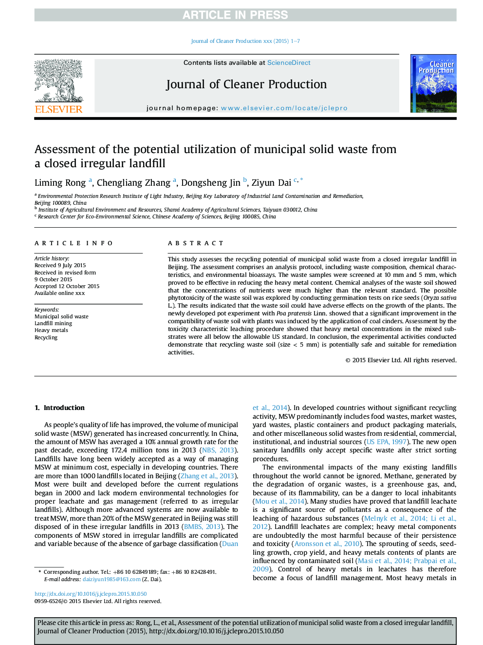 Assessment of the potential utilization of municipal solid waste from aÂ closed irregular landfill