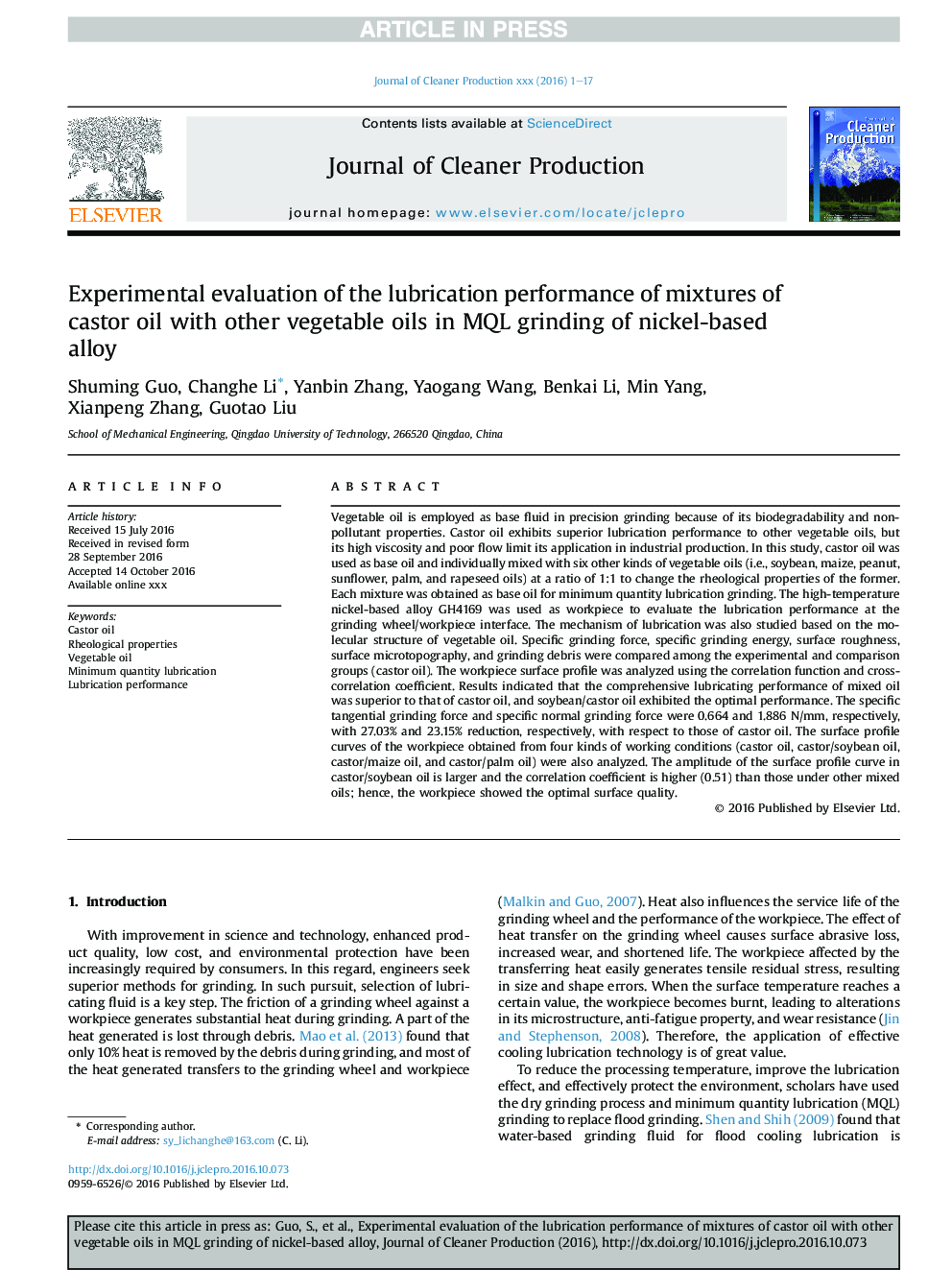 Experimental evaluation of the lubrication performance of mixtures of castor oil with other vegetable oils in MQL grinding of nickel-based alloy