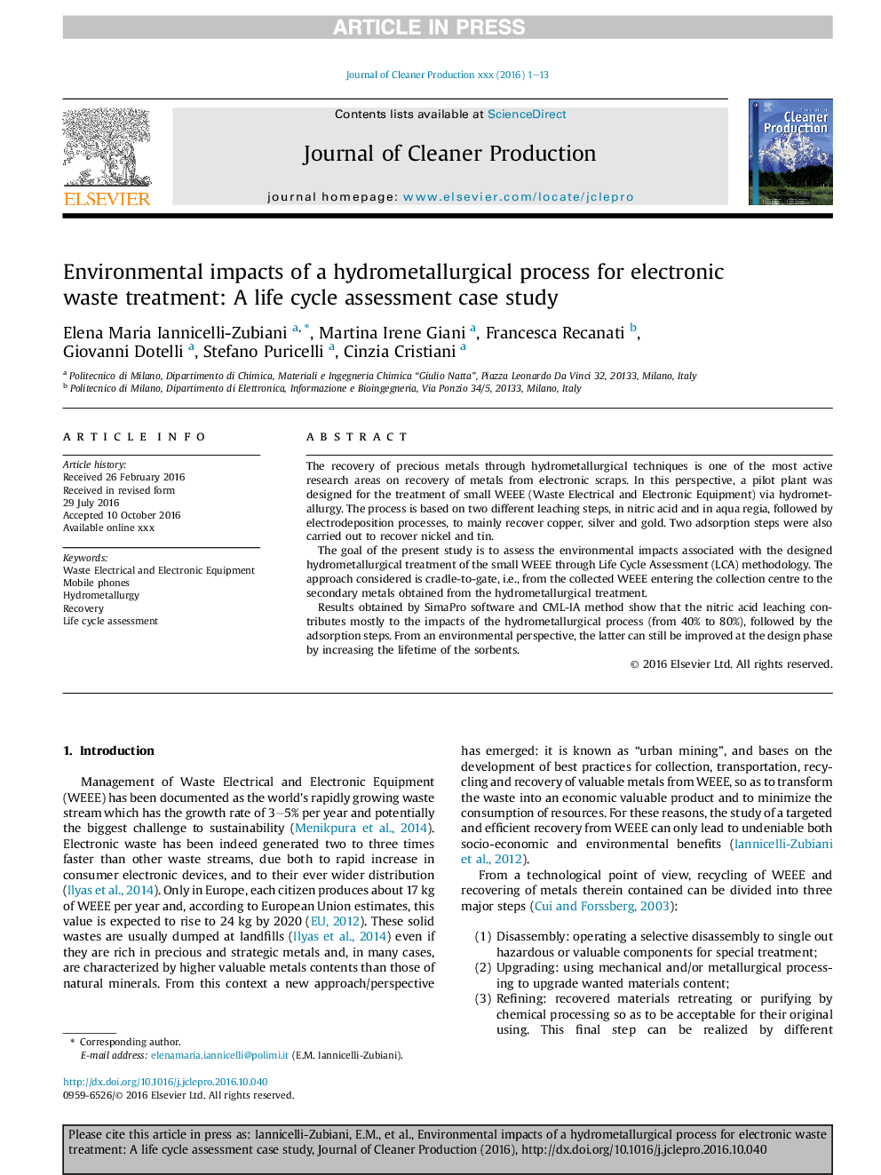 Environmental impacts of a hydrometallurgical process for electronic waste treatment: A life cycle assessment case study