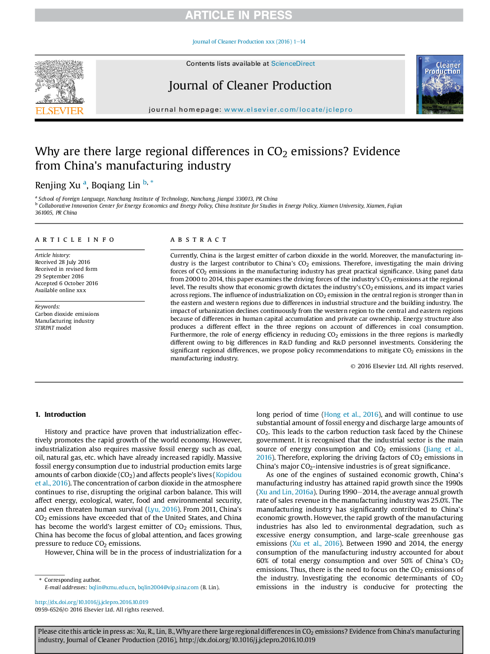 Why are there large regional differences in CO2 emissions? Evidence from China's manufacturing industry