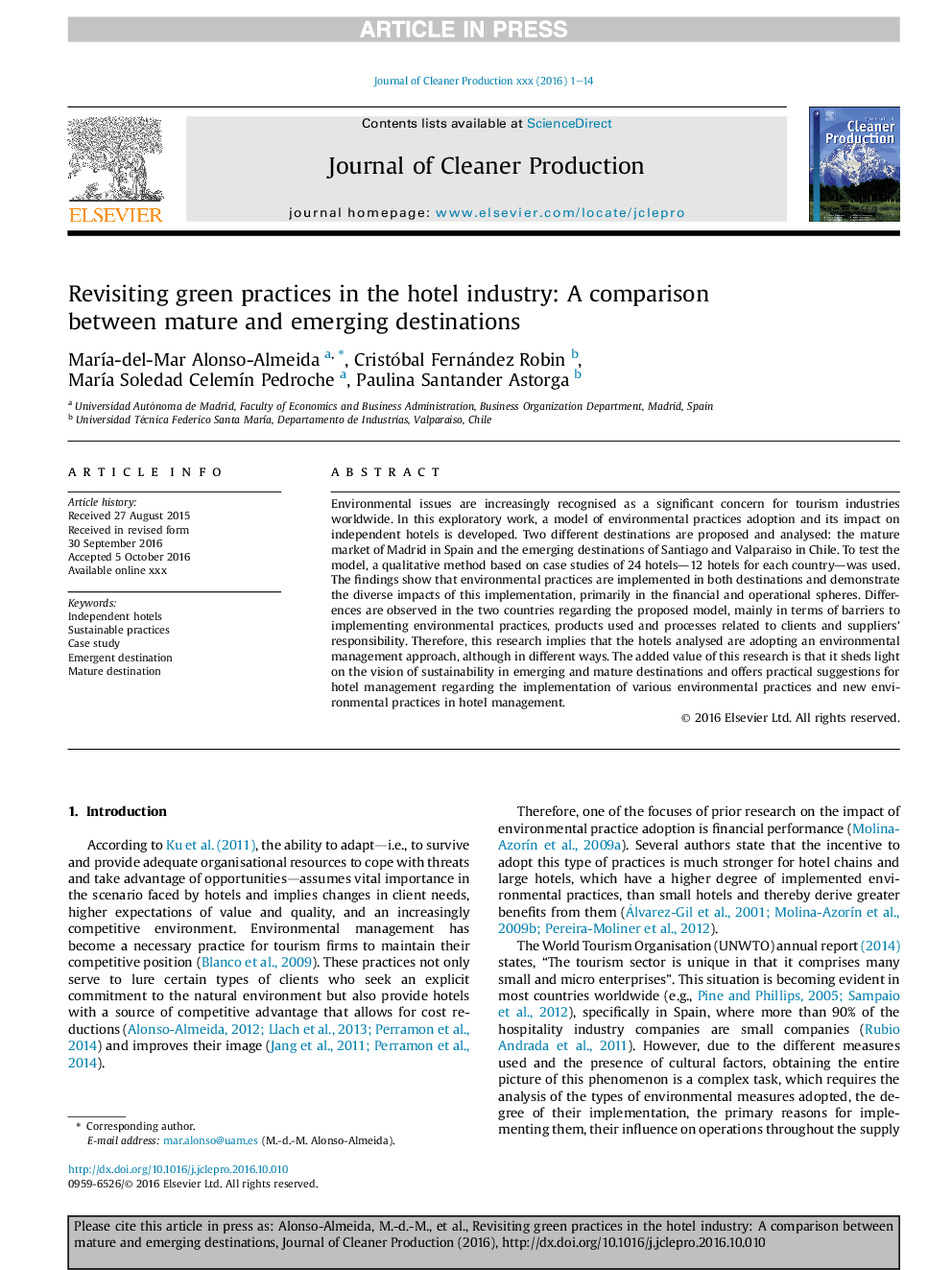 Revisiting green practices in the hotel industry: A comparison between mature and emerging destinations