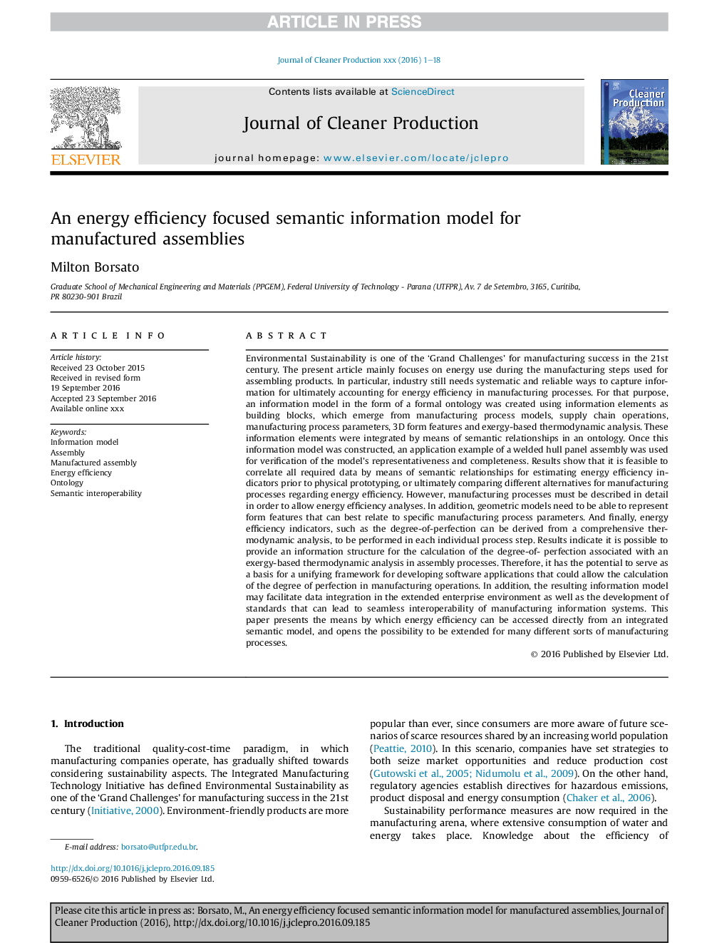 An energy efficiency focused semantic information model for manufactured assemblies