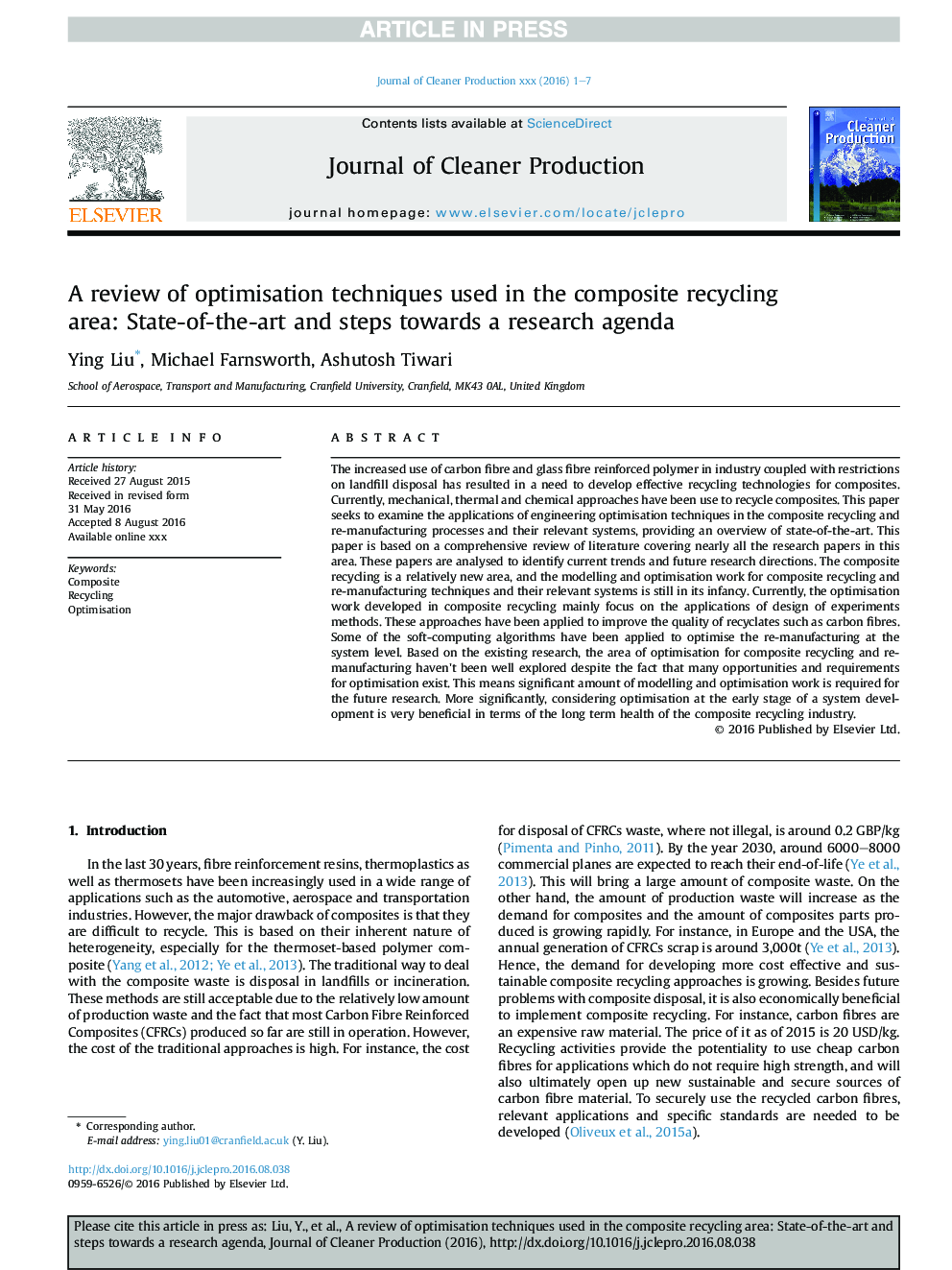 A review of optimisation techniques used in the composite recycling area: State-of-the-art and steps towards a research agenda