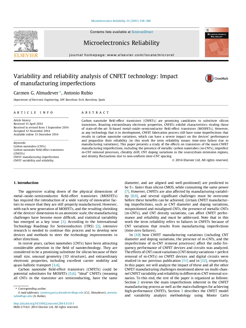 عکس صفحه اول مقاله: Variability and reliability analysis of CNFET technology: Impact of manufacturing imperfections Variability and reliability analysis of CNFET technology: Impact of manufacturing imperfections