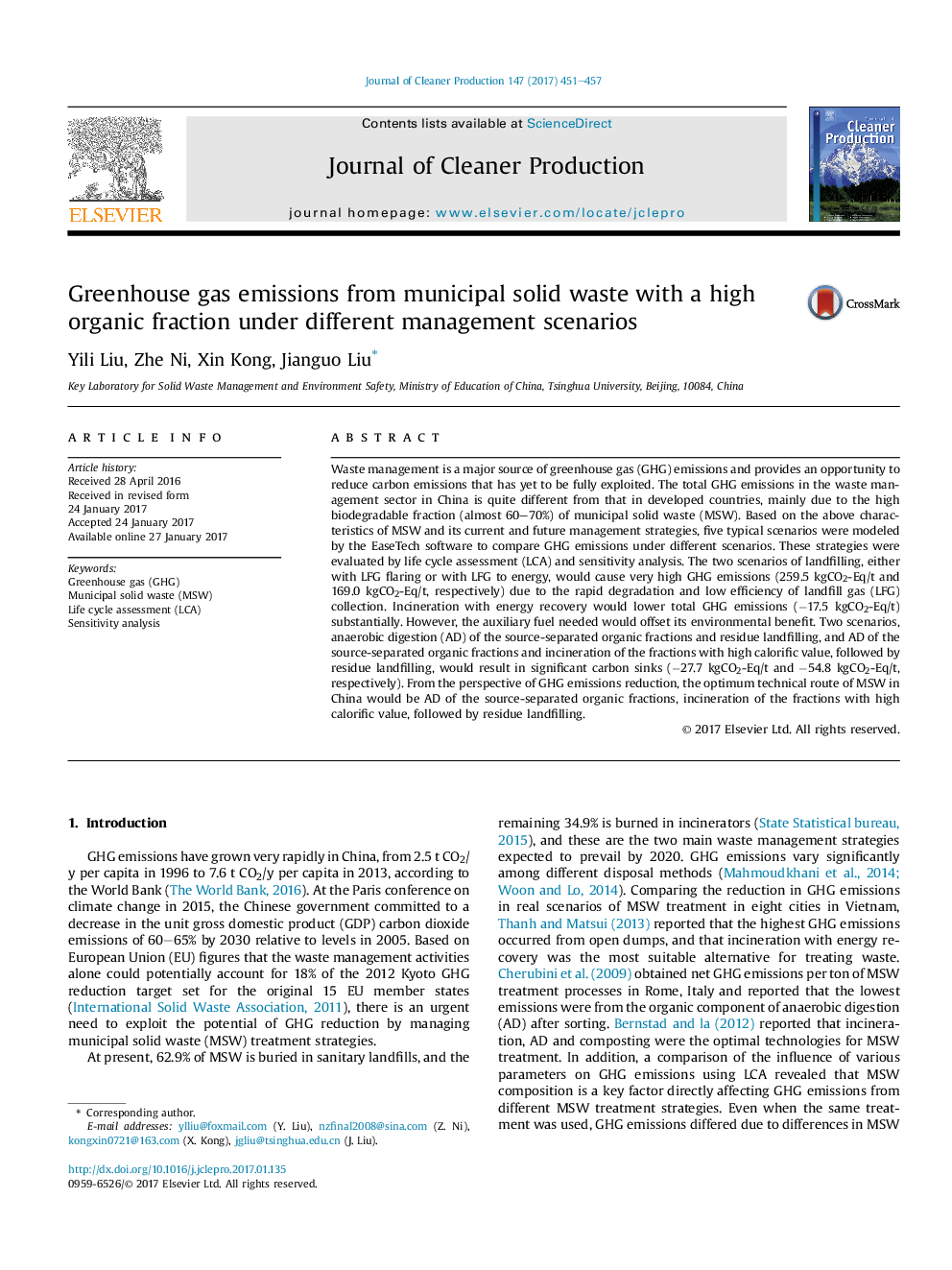 Greenhouse gas emissions from municipal solid waste with a high organic fraction under different management scenarios