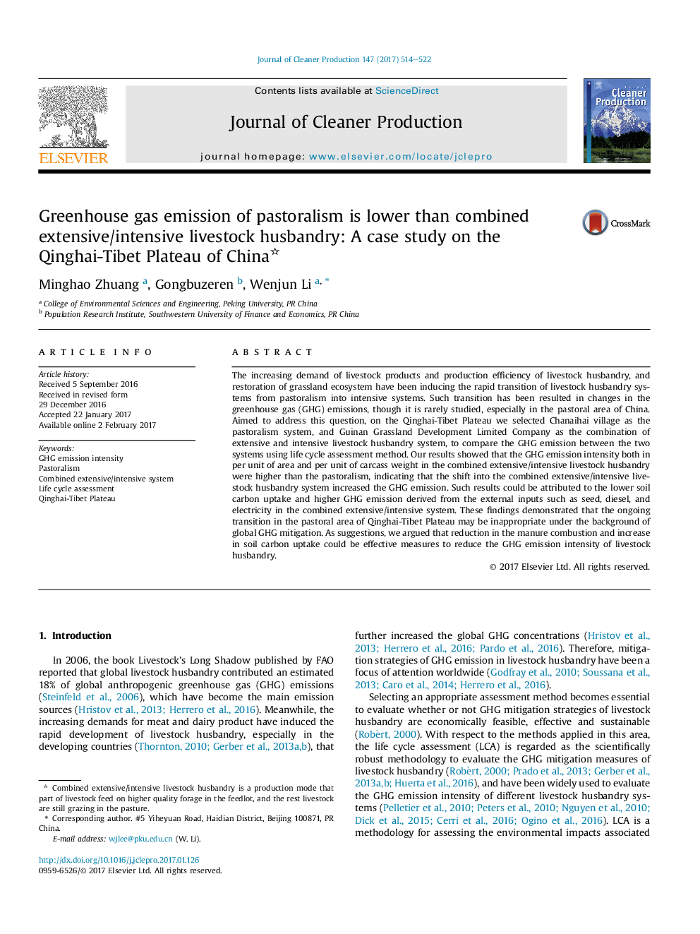 Greenhouse gas emission of pastoralism is lower than combined extensive/intensive livestock husbandry: A case study on the Qinghai-Tibet Plateau of China