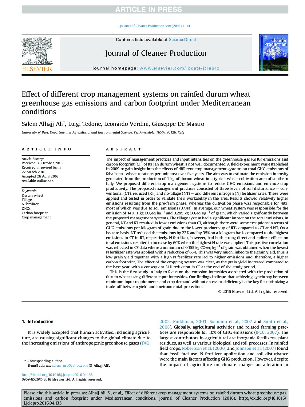 Effect of different crop management systems on rainfed durum wheat greenhouse gas emissions and carbon footprint under Mediterranean conditions