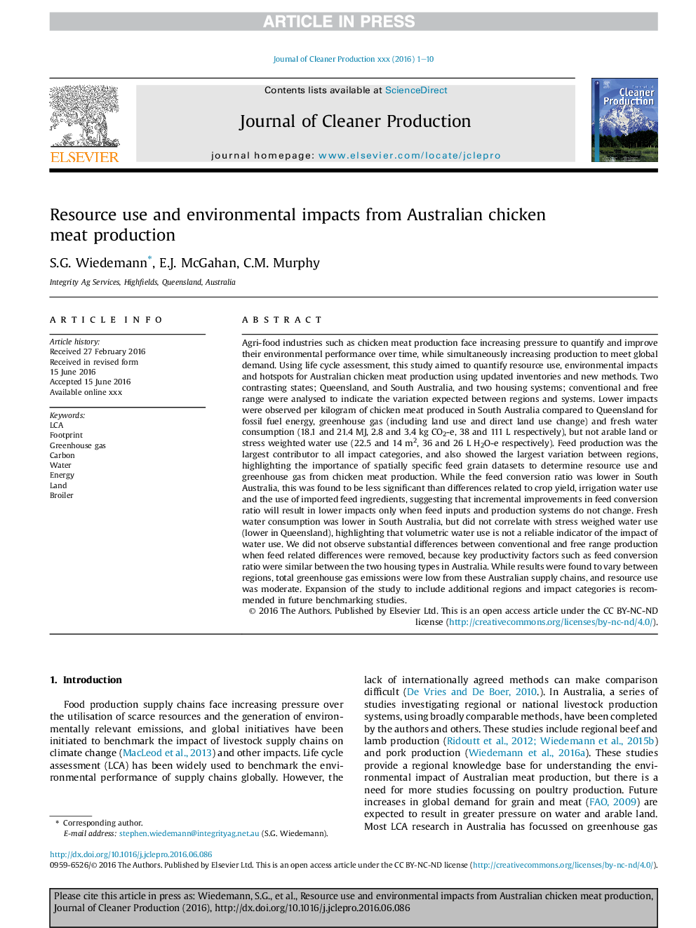 Resource use and environmental impacts from Australian chicken meat production