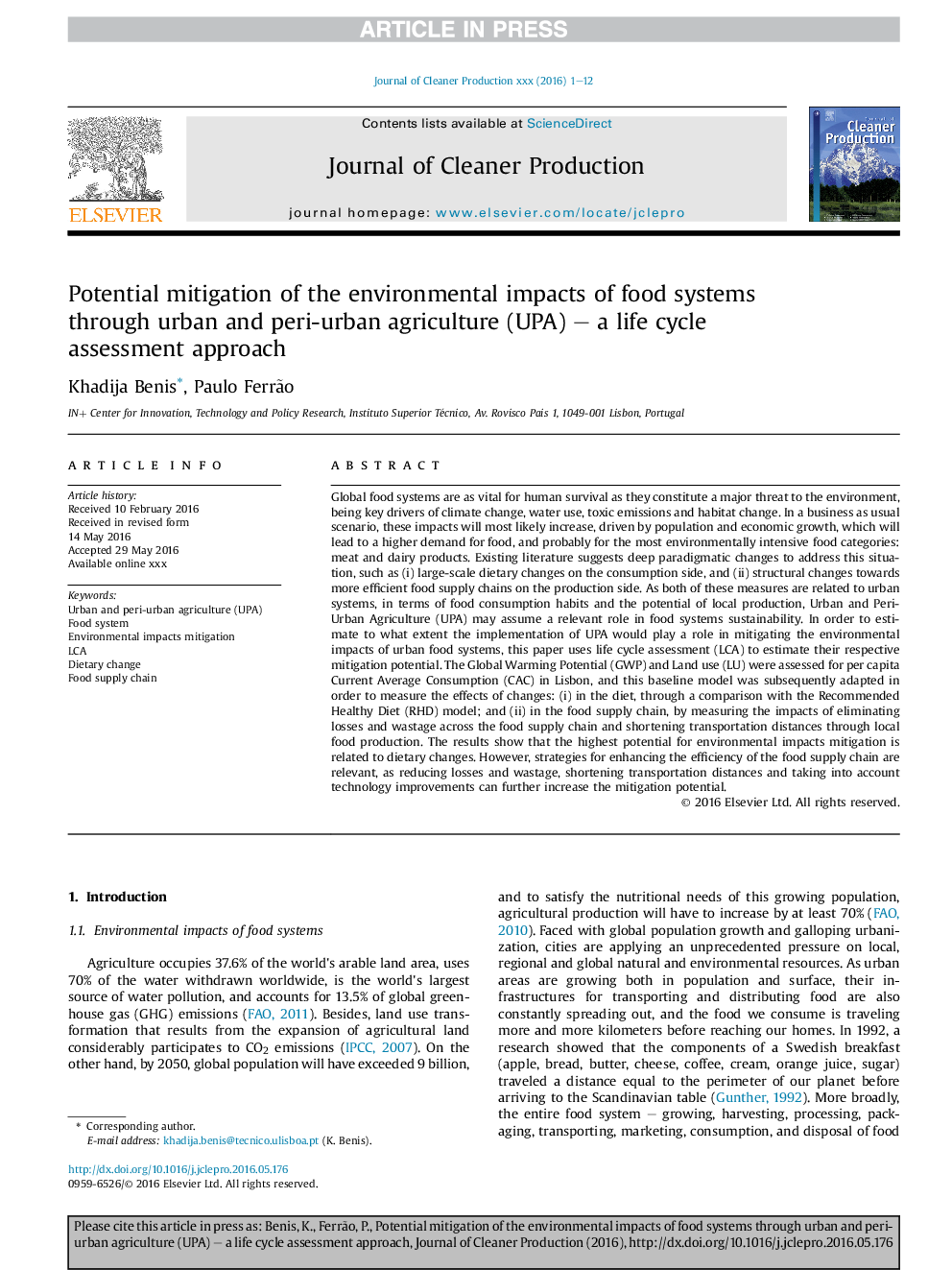 Potential mitigation of the environmental impacts of food systems through urban and peri-urban agriculture (UPA) - a life cycle assessment approach