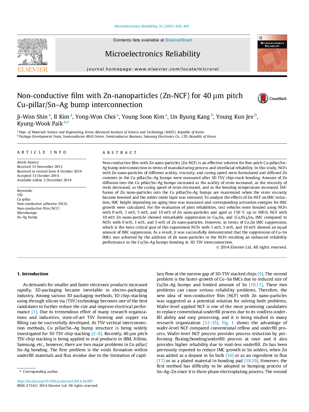 عکس صفحه اول مقاله: Non-conductive film with Zn-nanoparticles (Zn-NCF) for 40 μm pitch Cu-pillar/Sn–Ag bump interconnection Non-conductive film with Zn-nanoparticles (Zn-NCF) for 40 μm pitch Cu-pillar/Sn–Ag bump interconnection