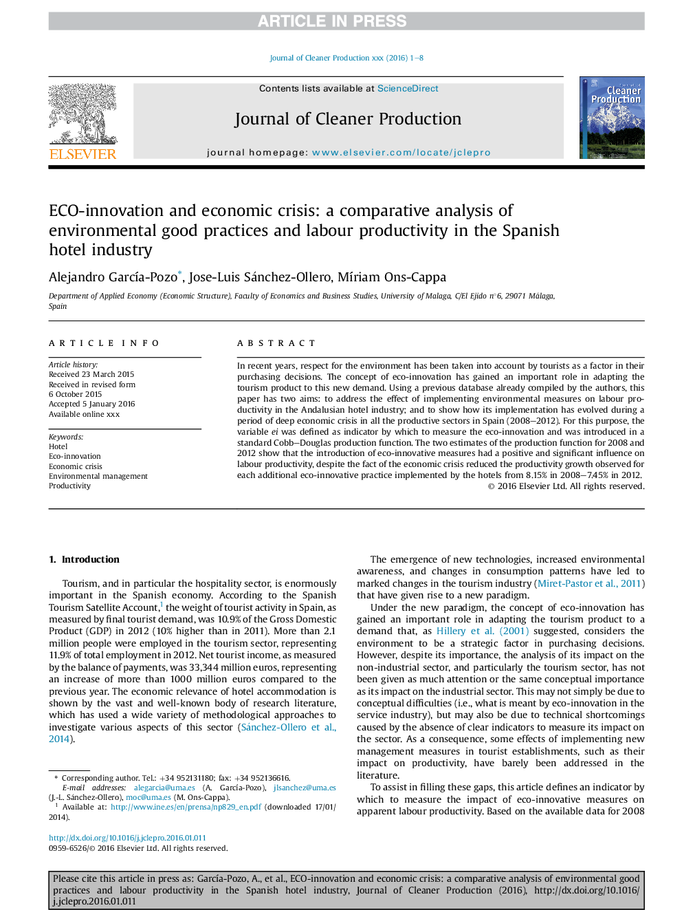 ECO-innovation and economic crisis: a comparative analysis of environmental good practices and labour productivity in the Spanish hotel industry