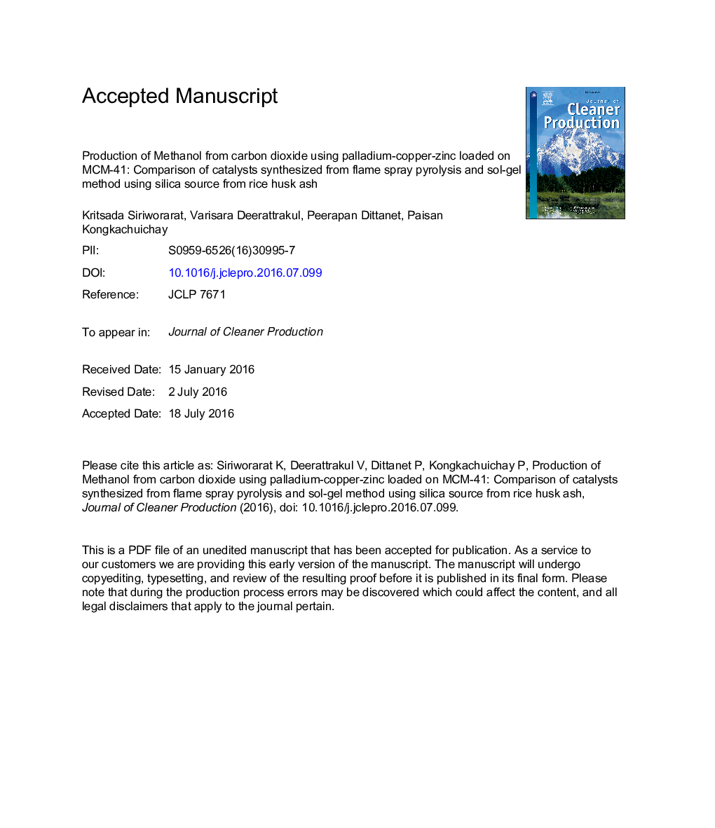 Production of methanol from carbon dioxide using palladium-copper-zinc loaded on MCM-41: Comparison of catalysts synthesized from flame spray pyrolysis and sol-gel method using silica source from rice husk ash