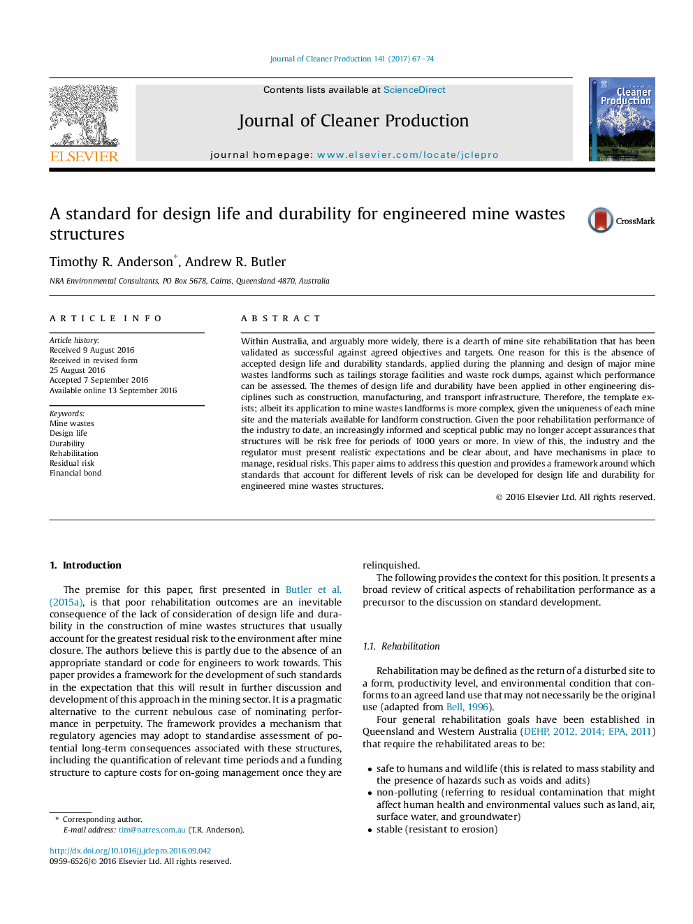 A standard for design life and durability for engineered mine wastes structures