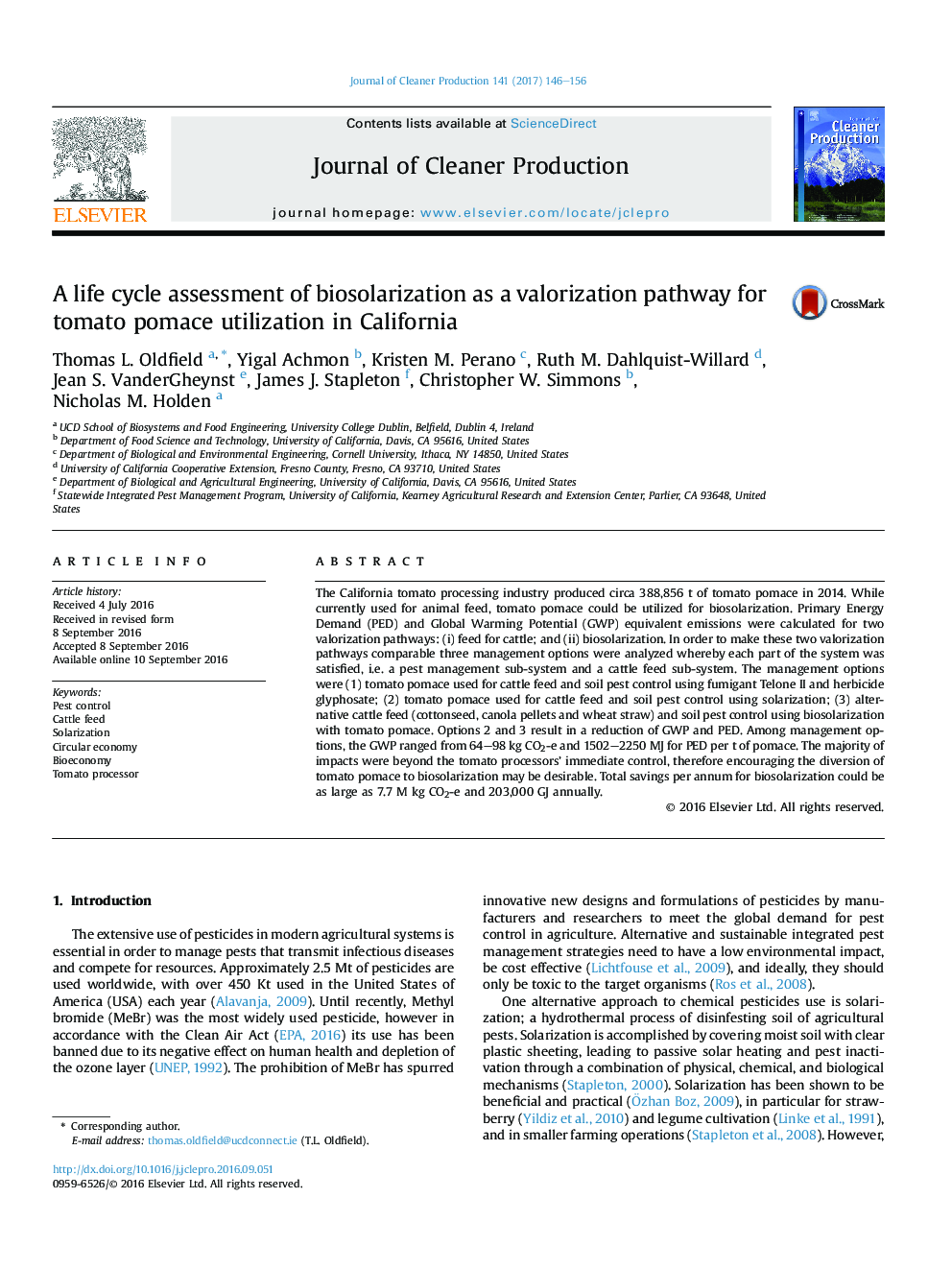 A life cycle assessment of biosolarization as a valorization pathway for tomato pomace utilization in California