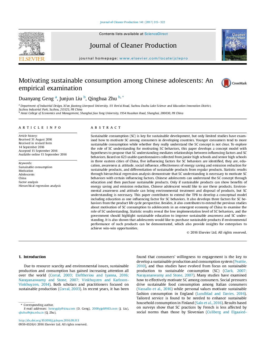 Motivating sustainable consumption among Chinese adolescents: An empirical examination