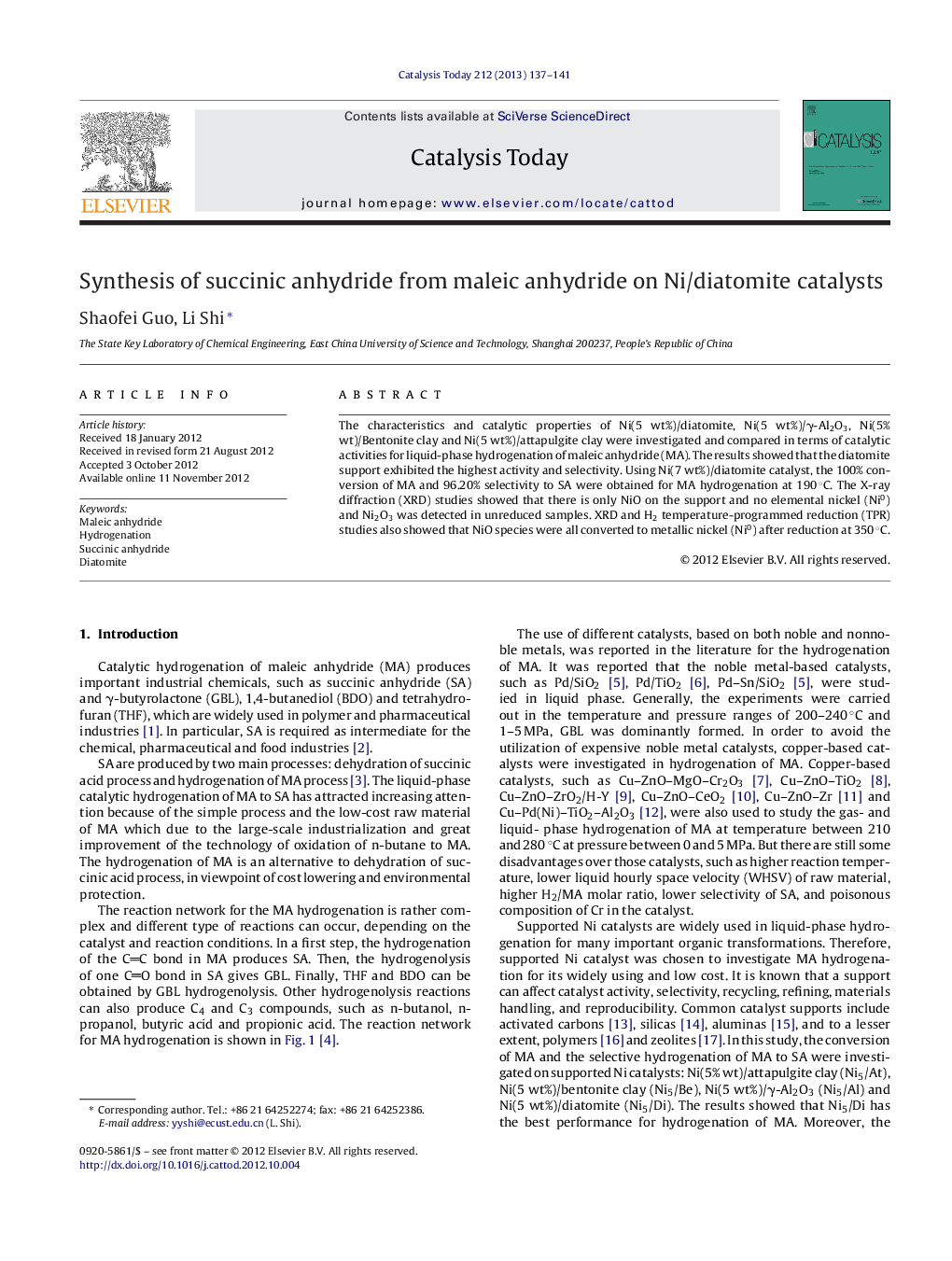 Synthesis of succinic anhydride from maleic anhydride on Ni/diatomite catalysts