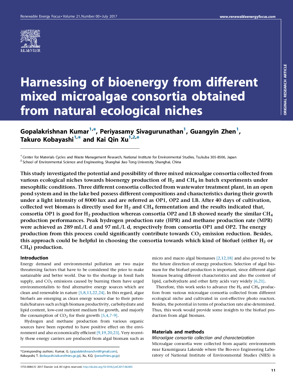 Harnessing of bioenergy from different mixed microalgae consortia obtained from natural ecological niches
