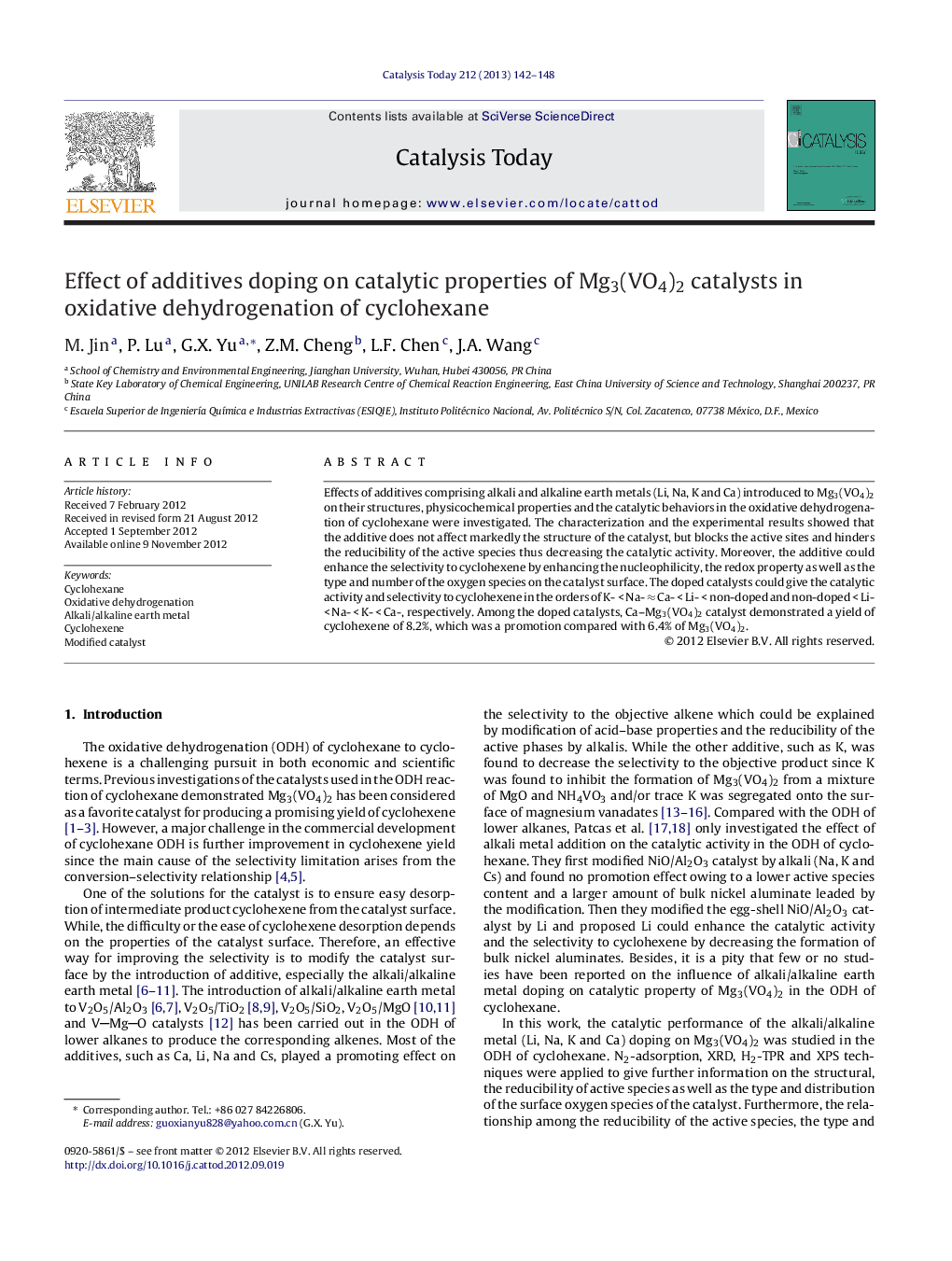 Effect of additives doping on catalytic properties of Mg3(VO4)2 catalysts in oxidative dehydrogenation of cyclohexane